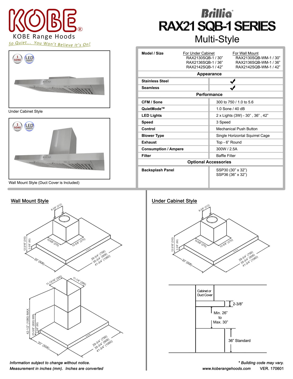 Kobe RAX2142SQBWM1, RAX2142SQB1 Specifications