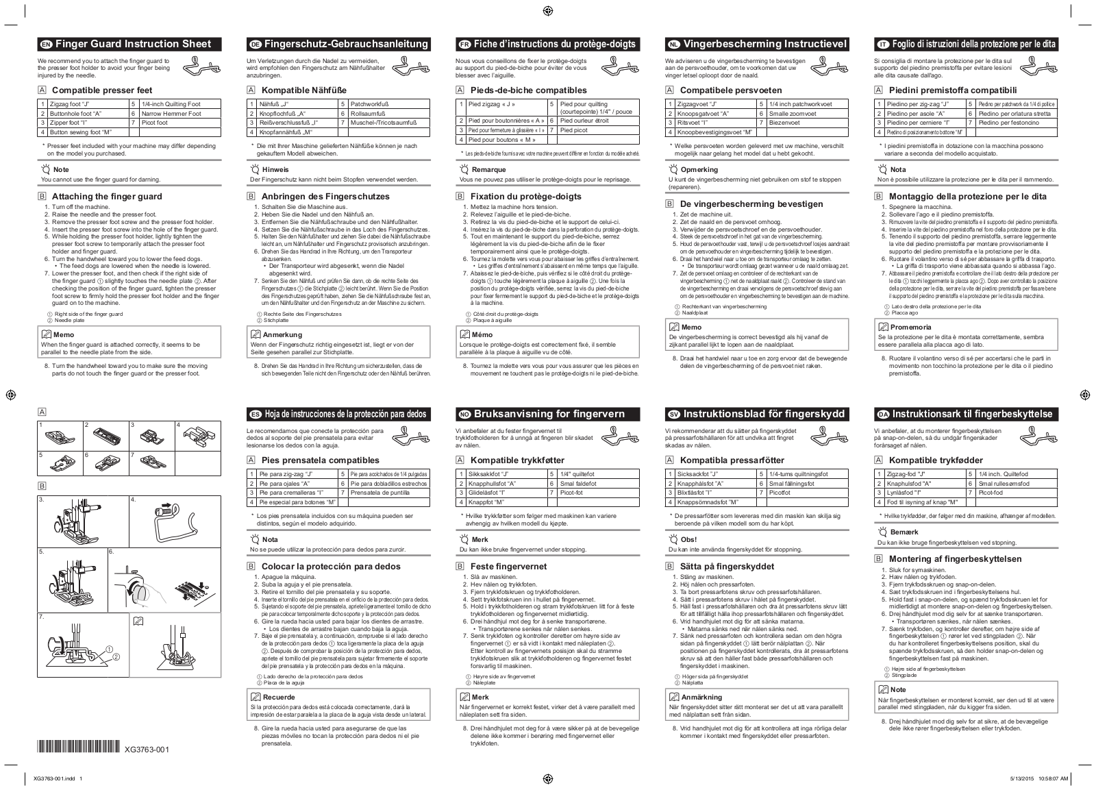 Brother KD144, KE14 Finger guard instruction sheet