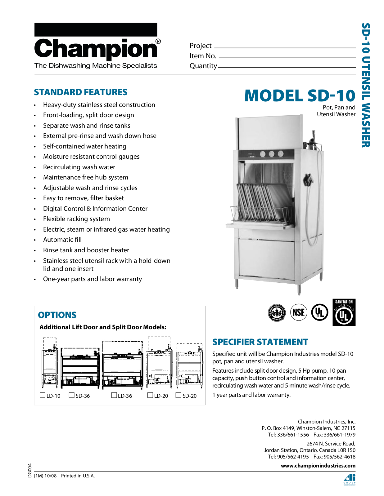 Champion Industries SD-10 Specification Sheet