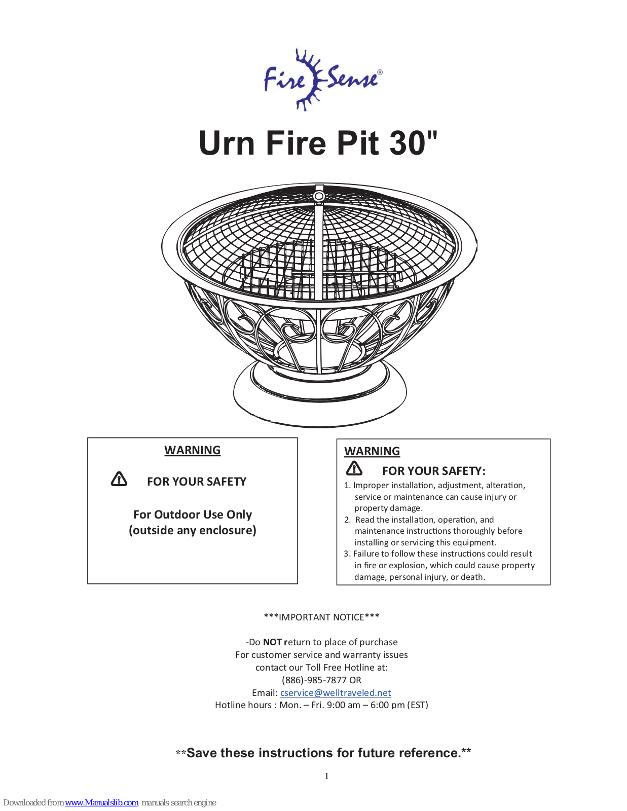 Fire Sense FirrSense 02119, FirrSense Urn, 2119 Instructions For Use Manual