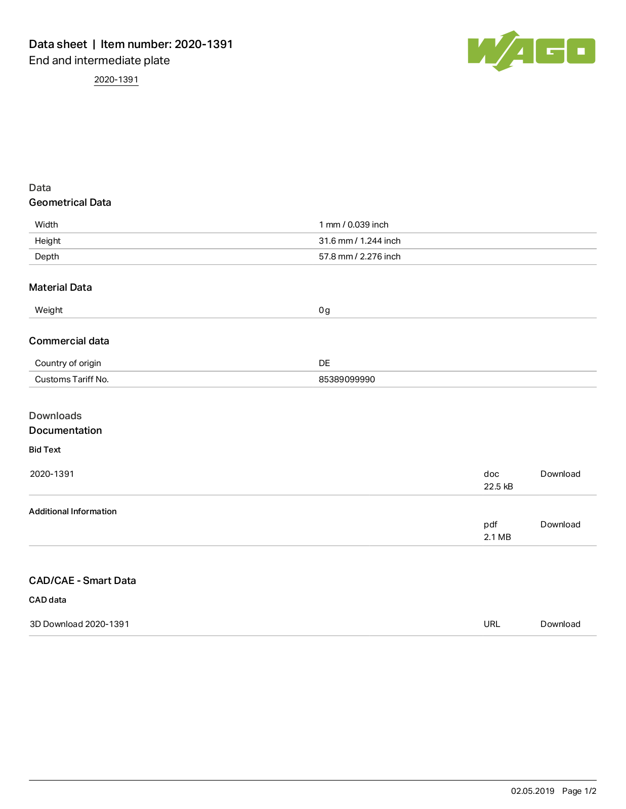 Wago 2020-1391 Data Sheet