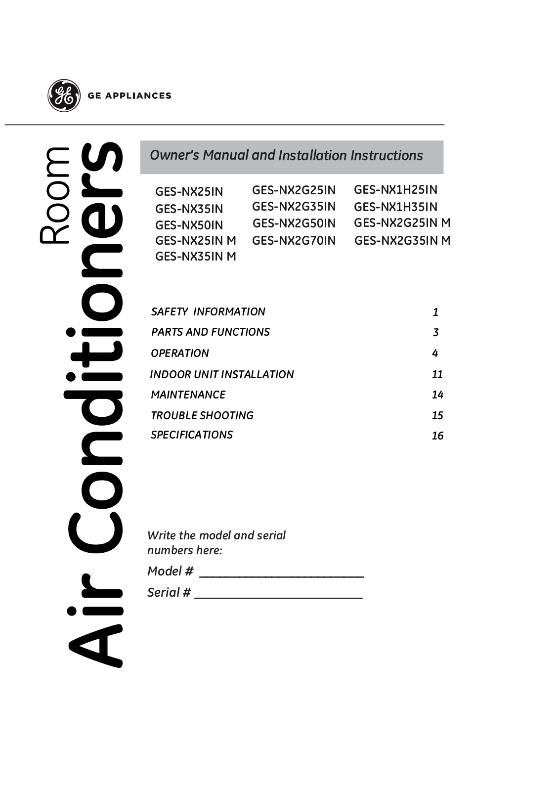 GE GES-NX25IN, GES-NX35IN, GES-NX50IN, GES-NX25IN M Owner's Manual And Installation Instructions