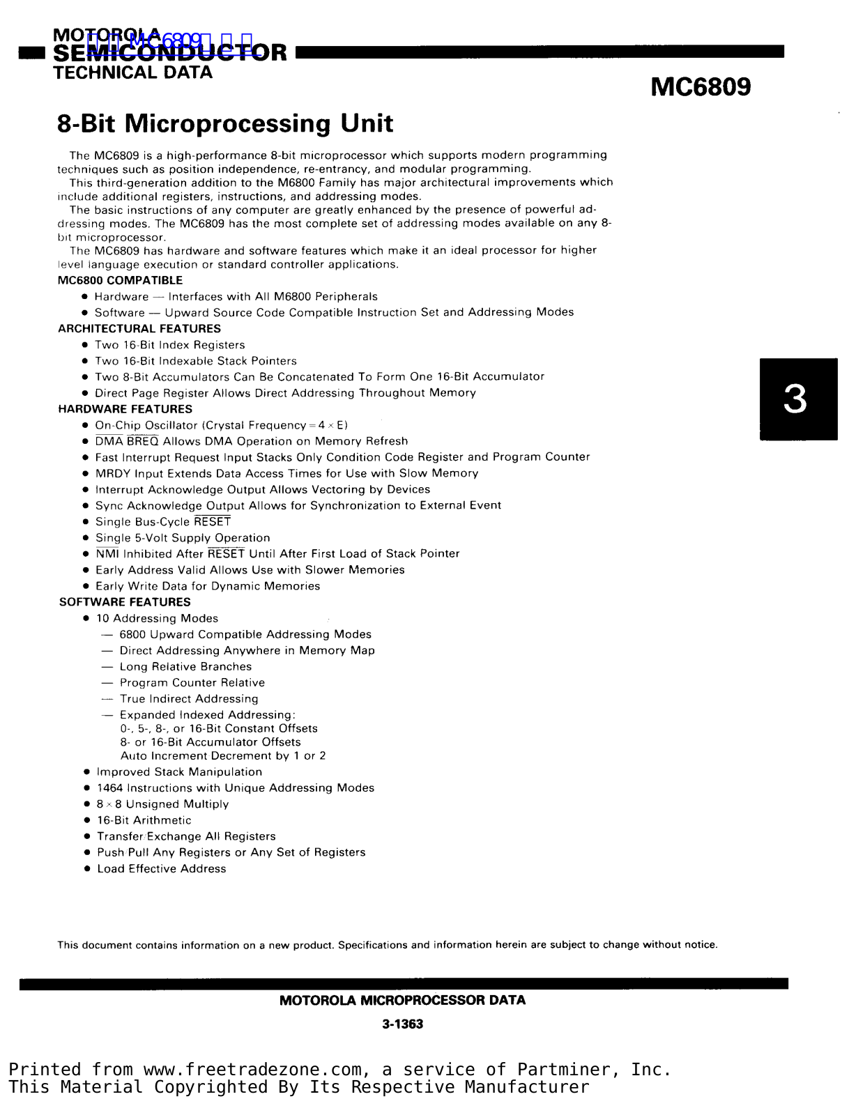 MOTOROLA MC6809 Technical data