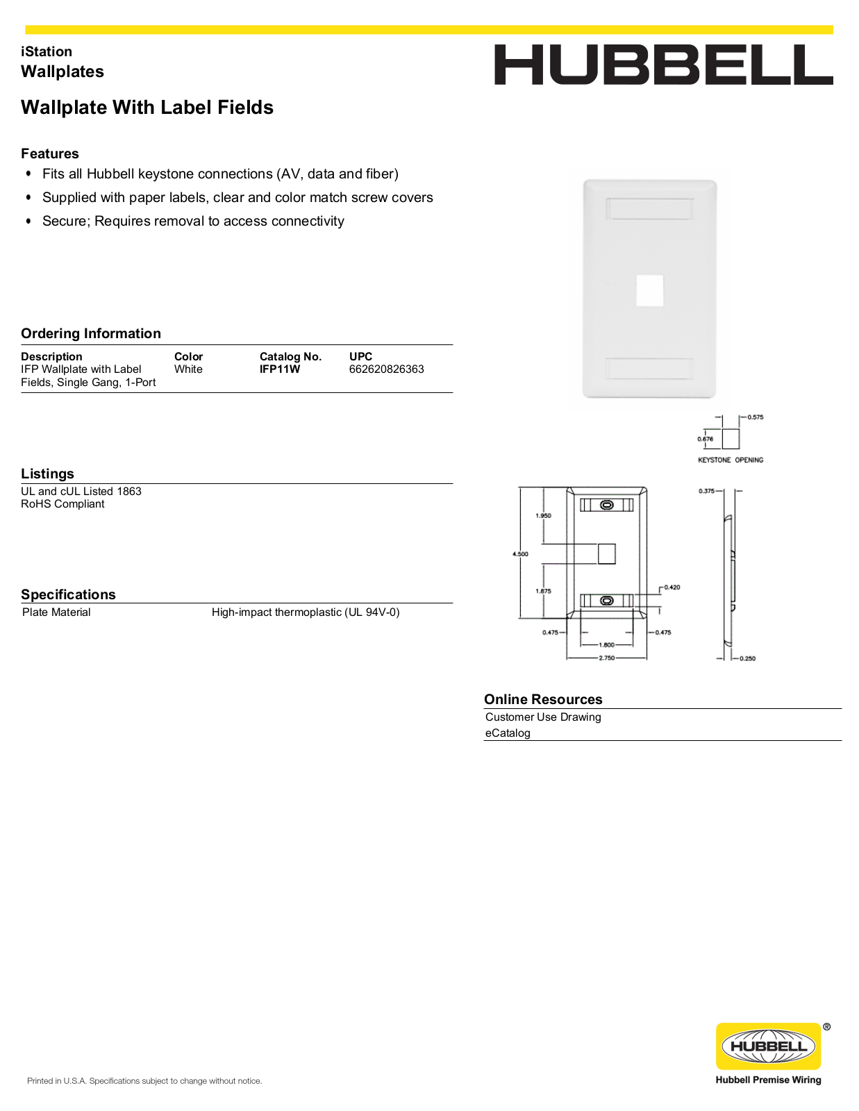 Hubbell IFP11W Specifications