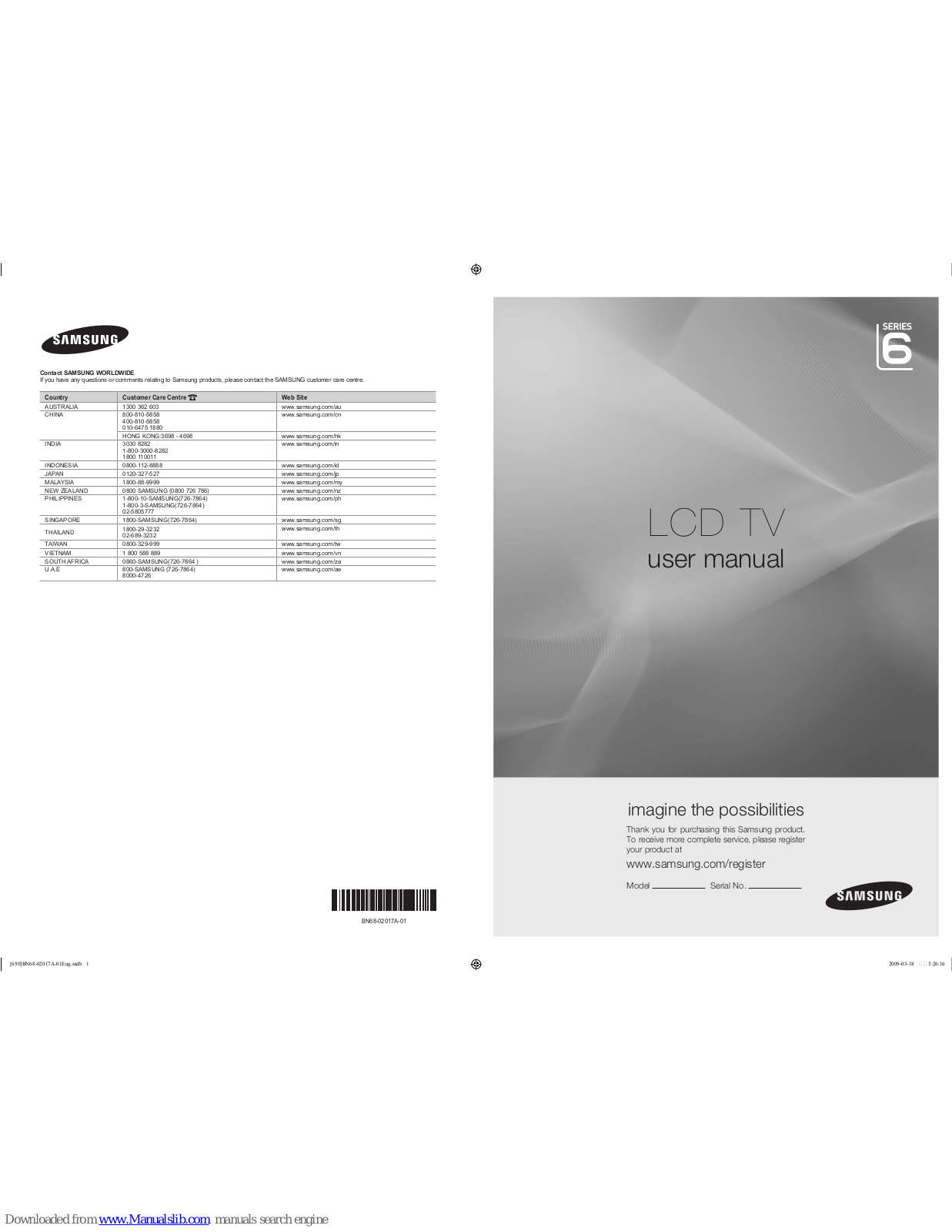 Samsung BN68-02017A-01, LCD TV, LA32B650, LA40B650, LA46B650 User Manual