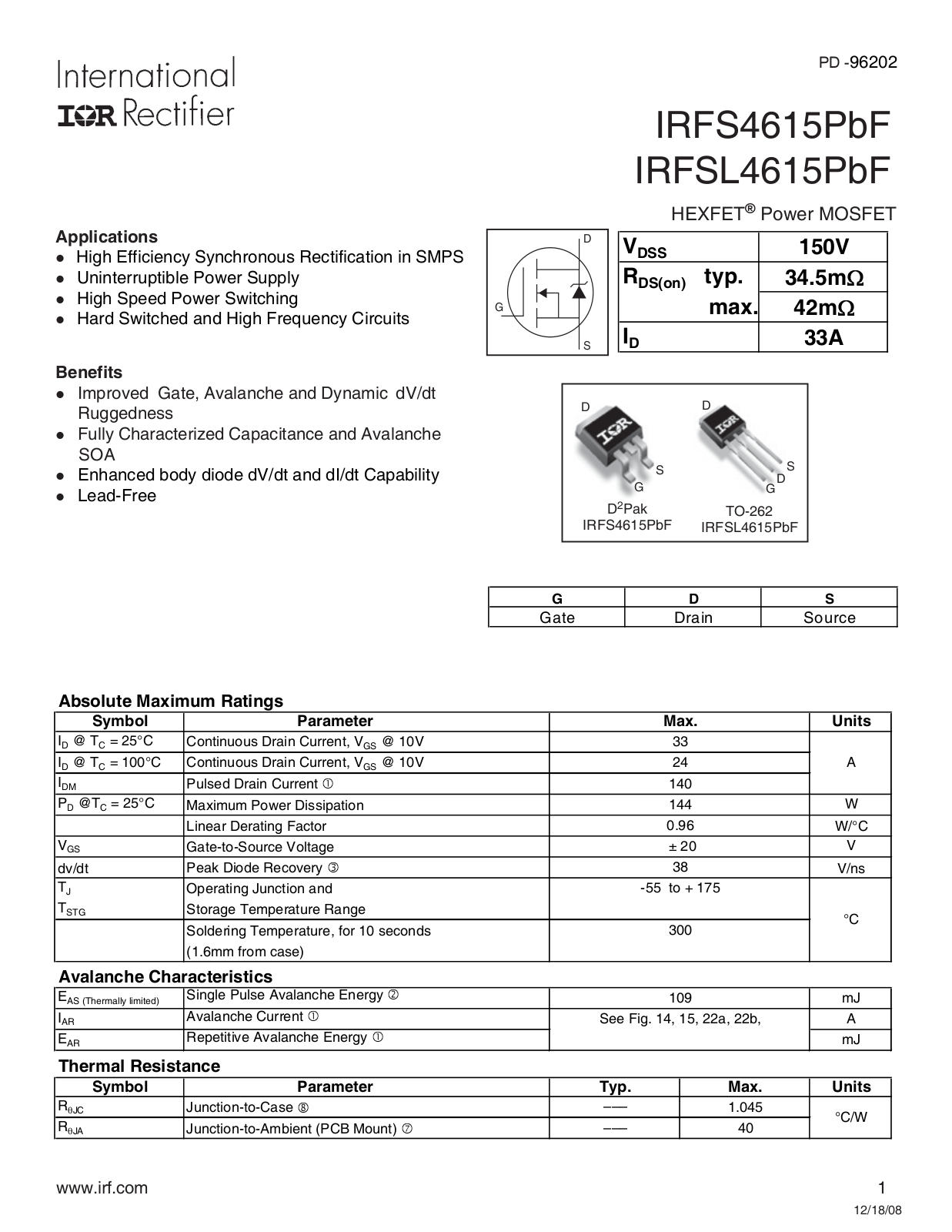 Datasheet IRFS4615PBF Datasheet - ManualMachine.com