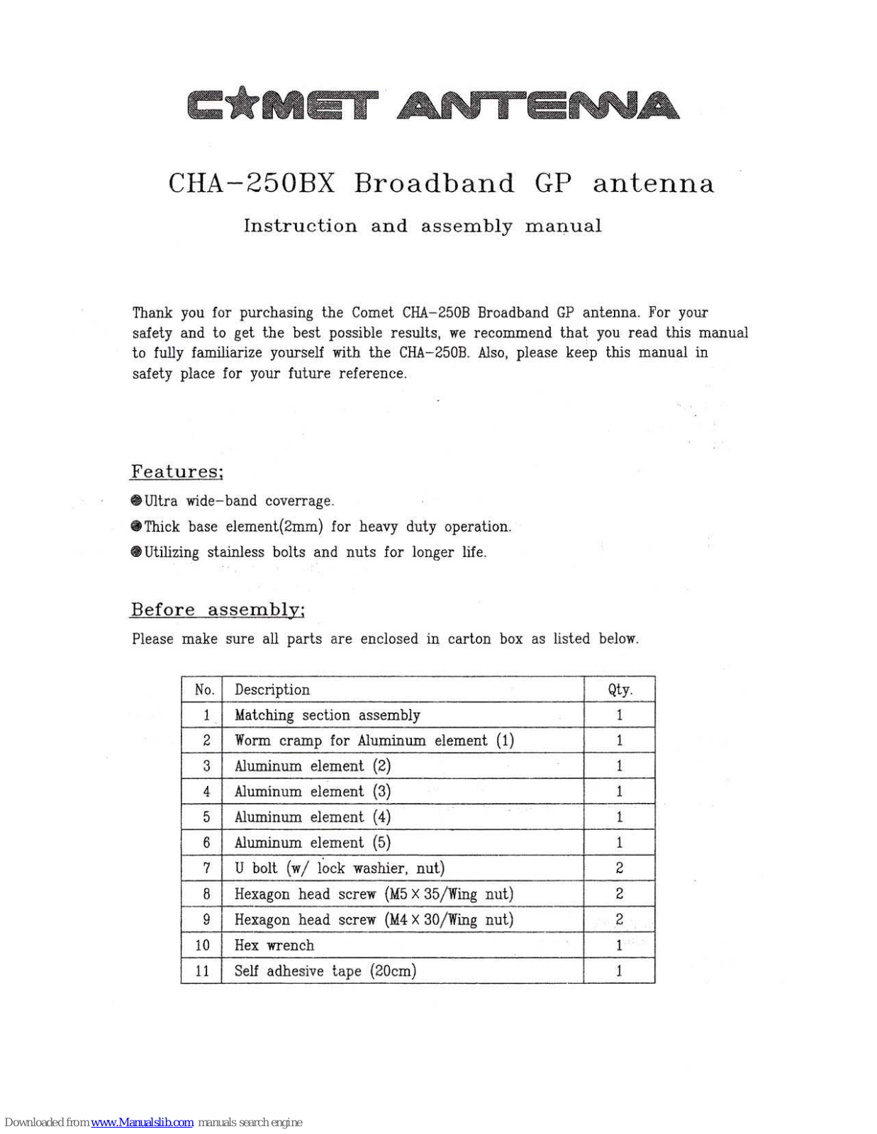 Comet CHA-250BX Instruction And Assembly Manual