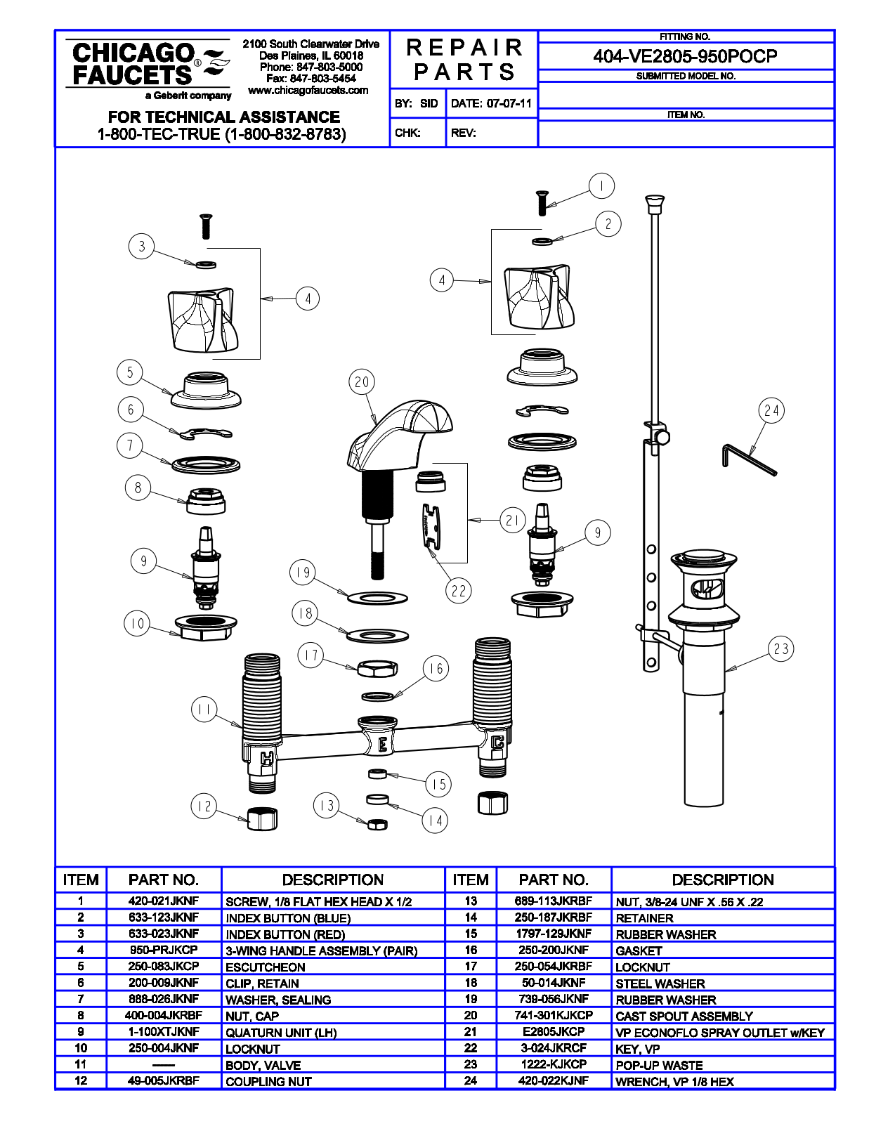 Chicago Faucet 404-VE2805-950PO Parts List