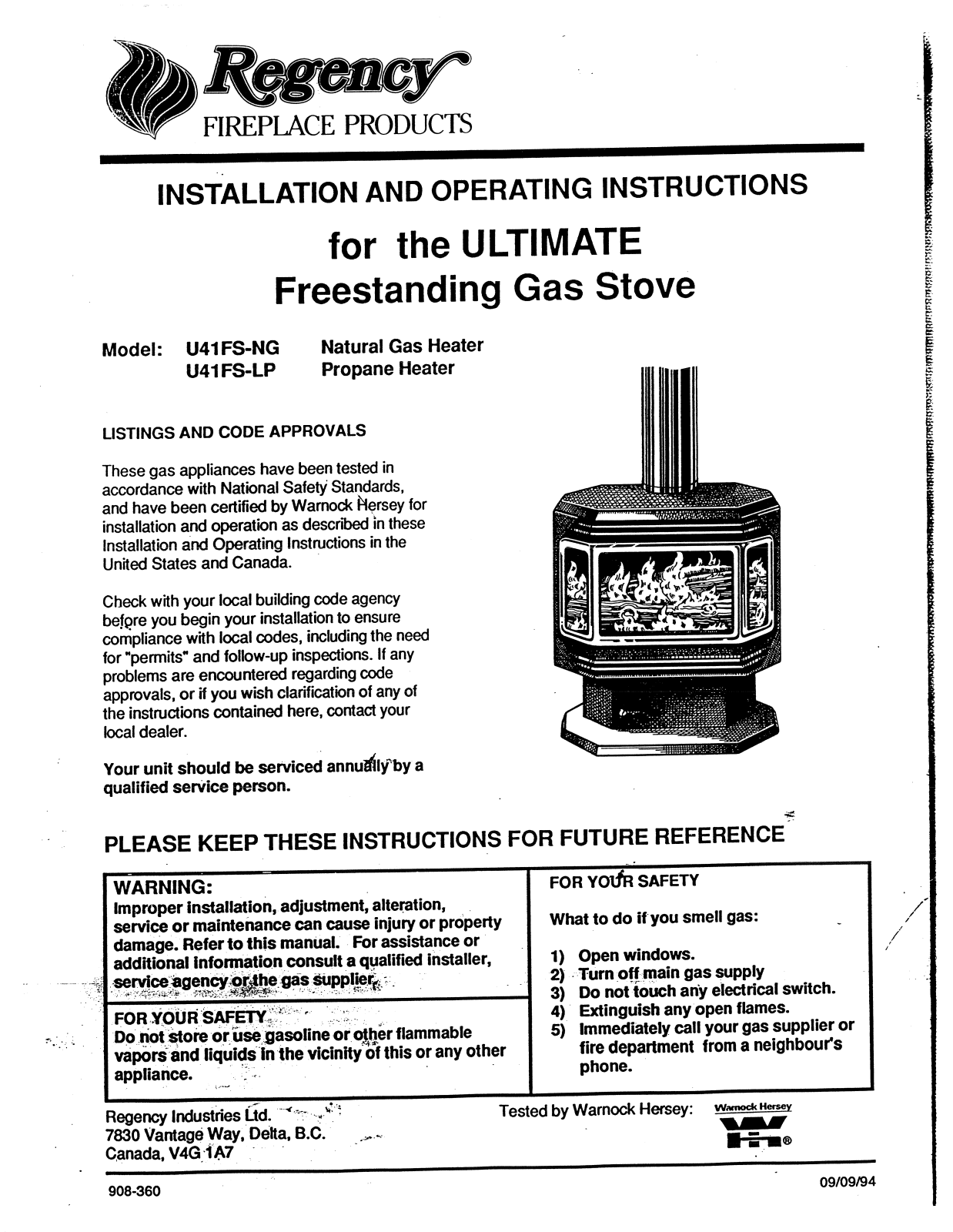 Regency U41FS-LP, U41FS-NG User Manual