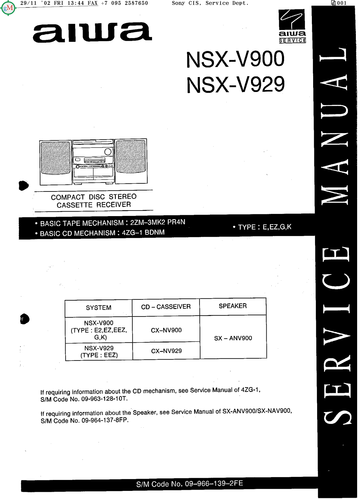 Aiwa NSXV-900, NSXV-929 Service manual