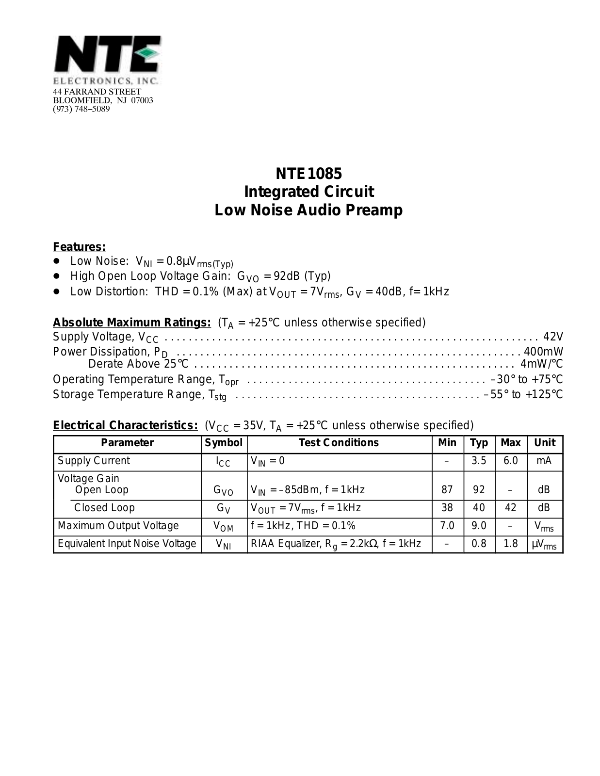 Datasheet NTE1085 Datasheet (NTE) - ManualMachine.com