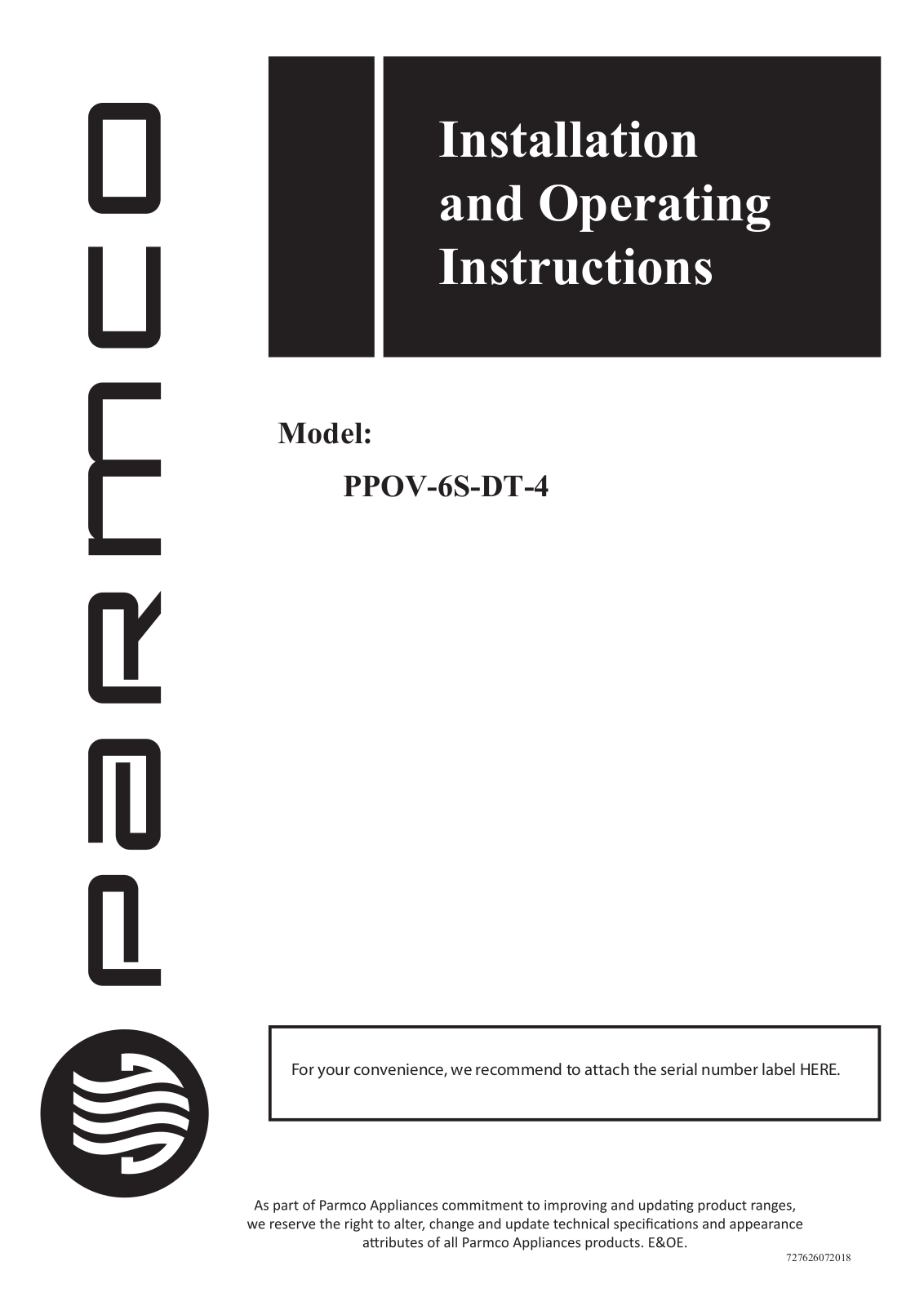 Parmco PPOV-6S-DT-4 Installation And Operating Instructions Manual