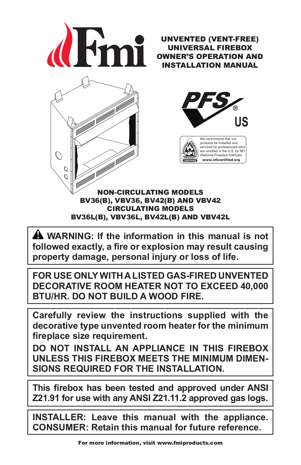 FMI VBV42L, BV42B, BV36LB, BV42LB, VBV36 User Manual