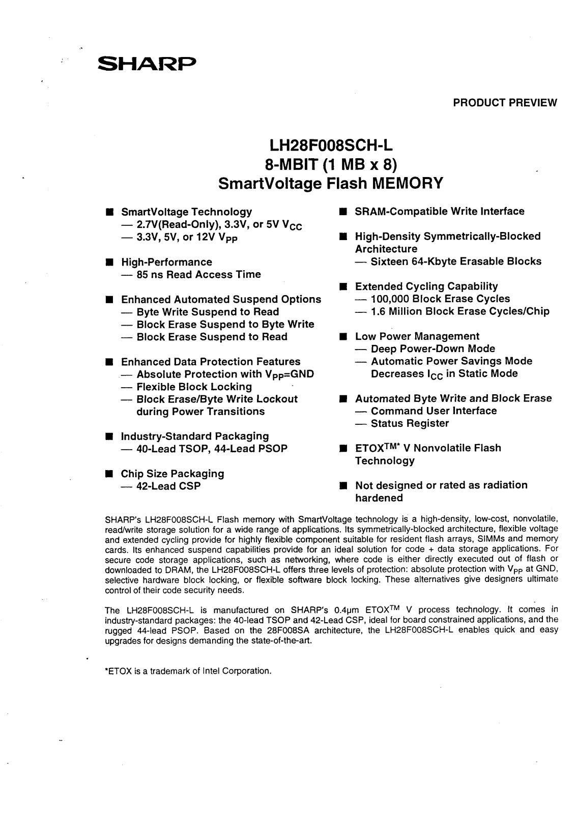 Sharp LH28F008SCHT-L85, LH28F008SCHT-L170, LH28F008SCHT-L120, LH28F008SCHT-L90, LH28F008SCHR-L90 Datasheet