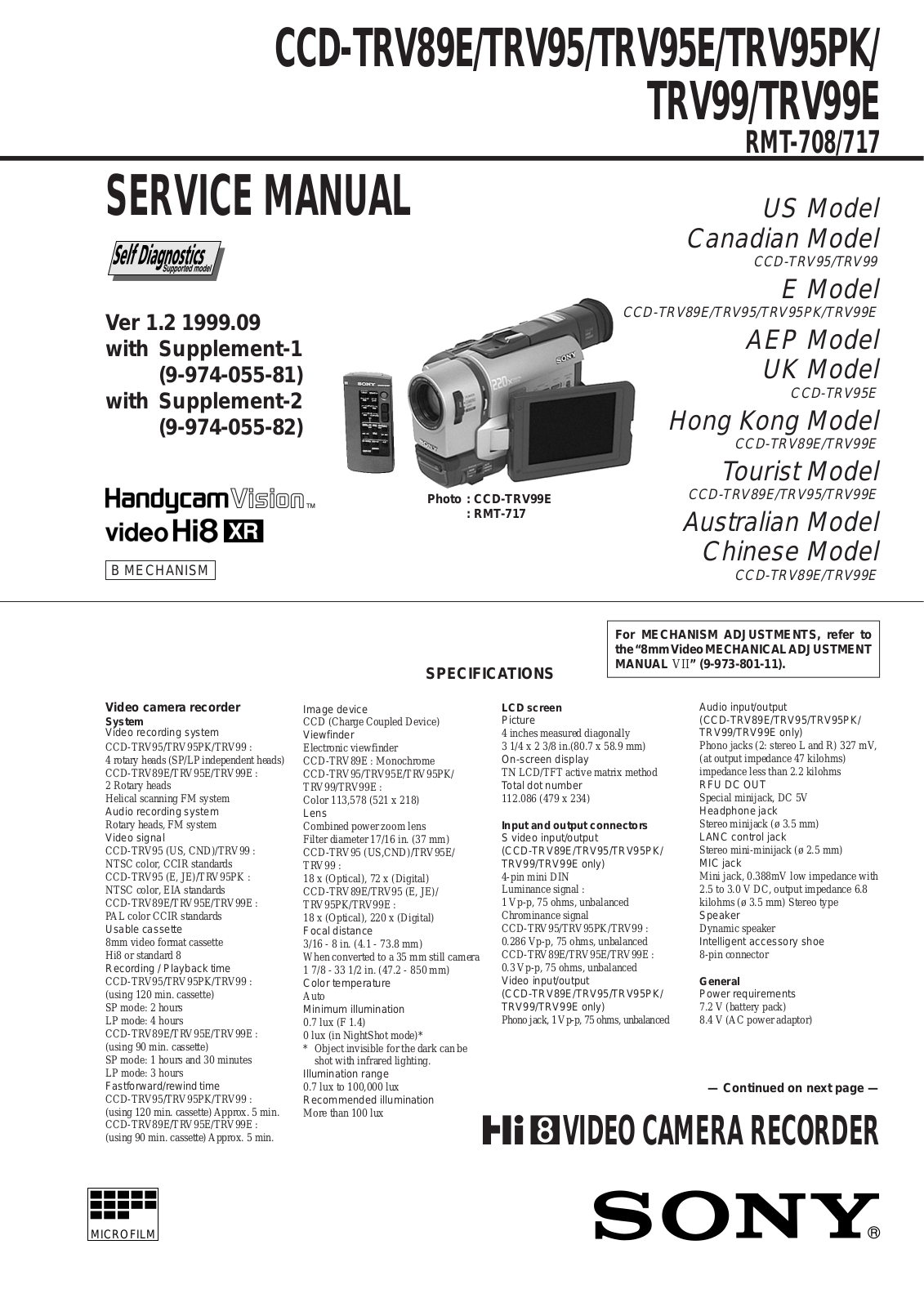 Sony CCD-TRV89E, CCD-TRV95, CCD-TRV95E, CCD-TRV95PK, CCD-TRV99 Service manual