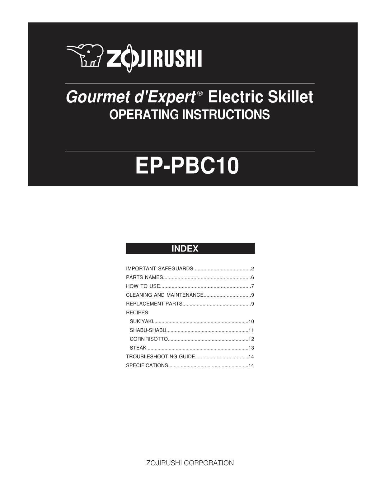 Zojirushi EP-PBC10 Owner's Manual