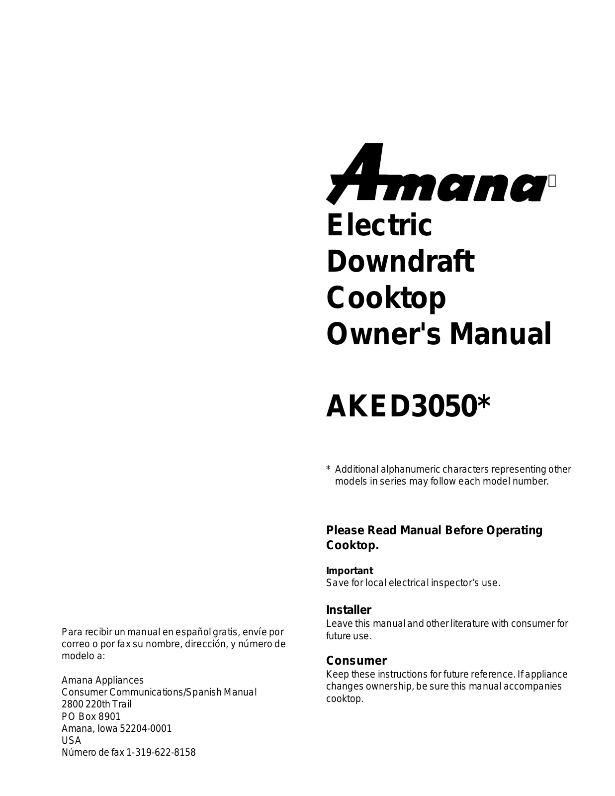 Amana AKED3050* Owner's Manual