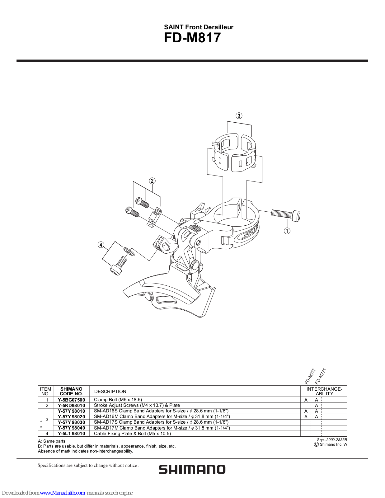 Shimano FD-M817, FD-M815 Technical Service Instructions