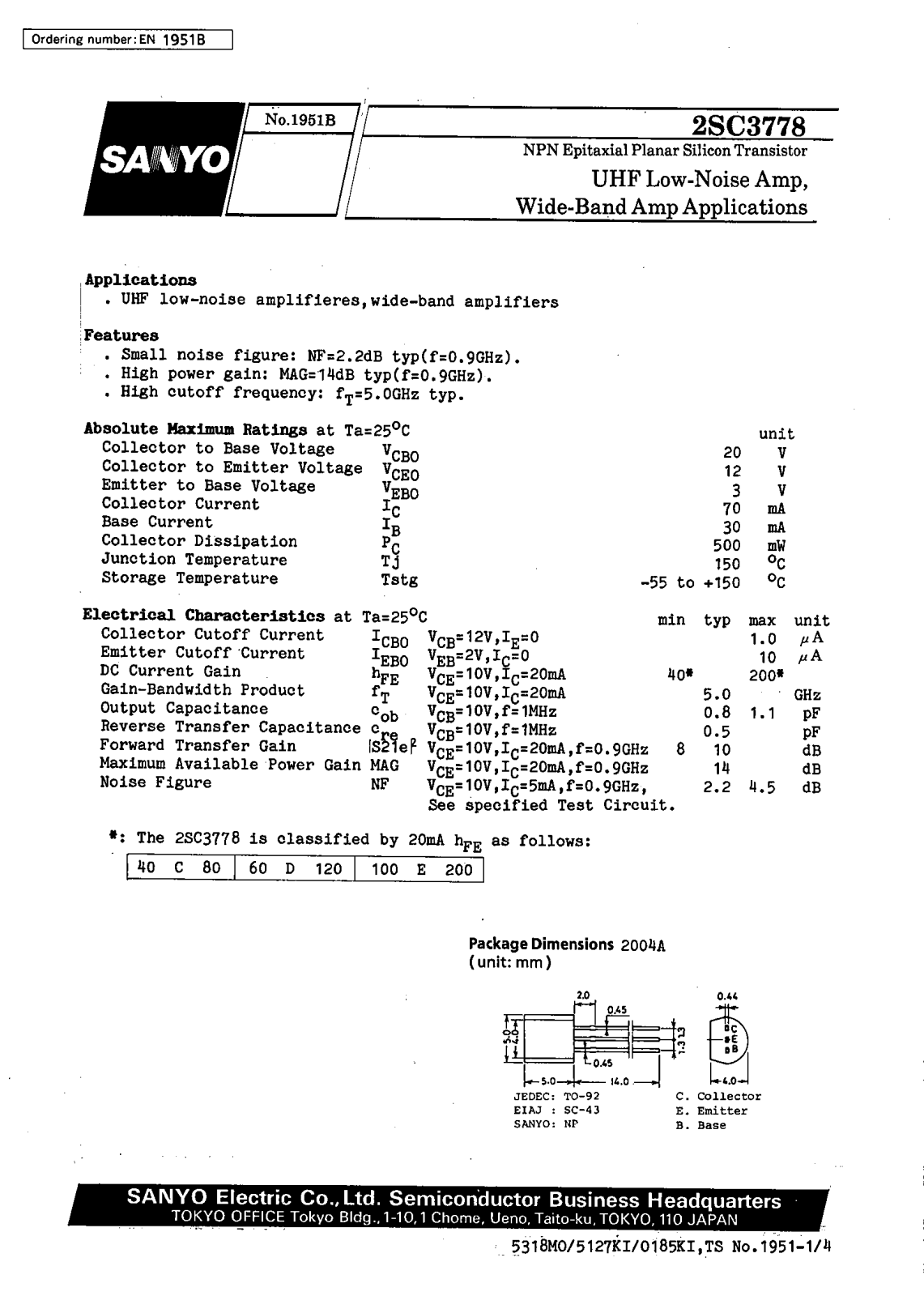 SANYO 2SC3778 Datasheet