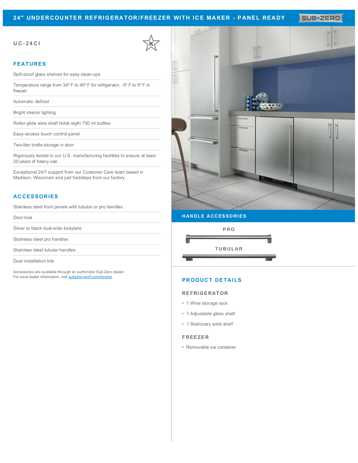 Sub-Zero UC24CI, UC24CILH Specification Sheet