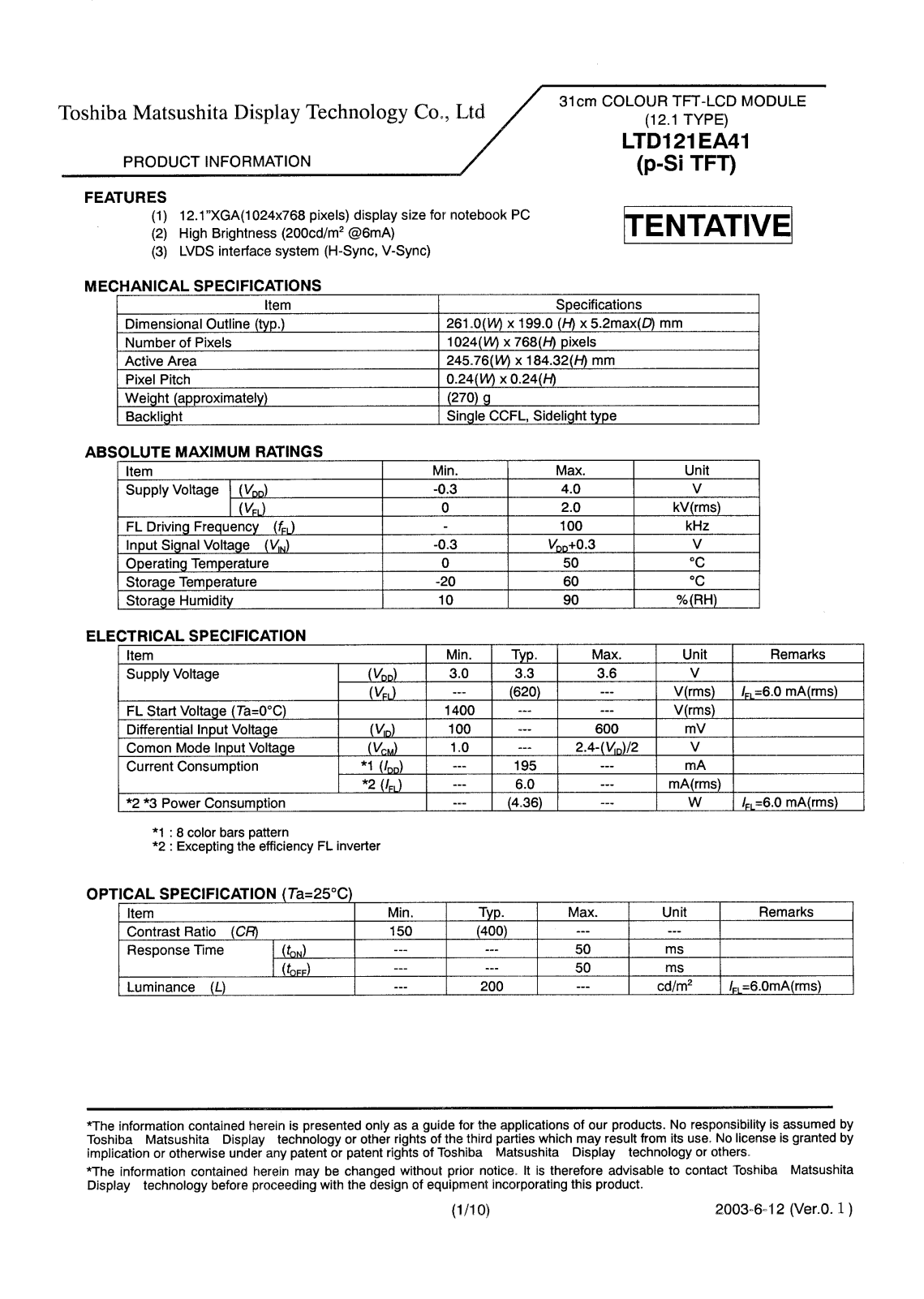 TOSHIBA LTD121EA41 Specification