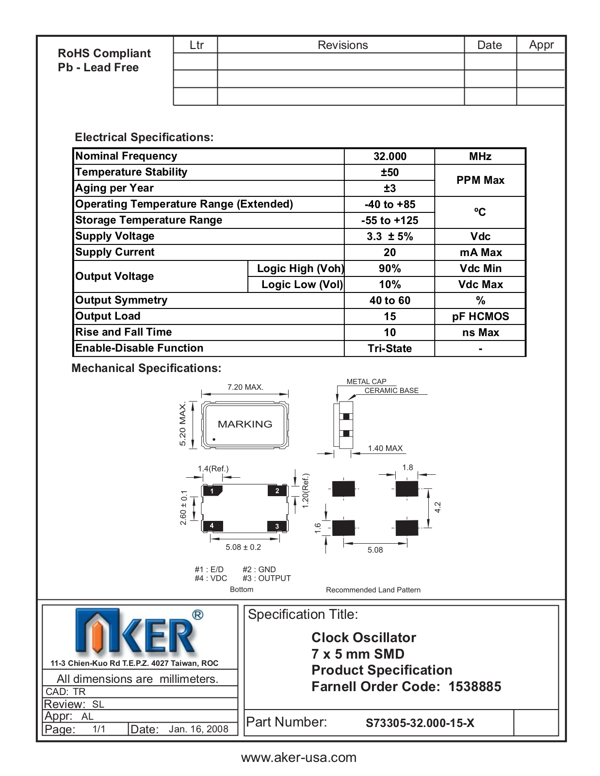 Datasheet S73305-32.000-15-X Datasheet (AKER) - ManualMachine.com