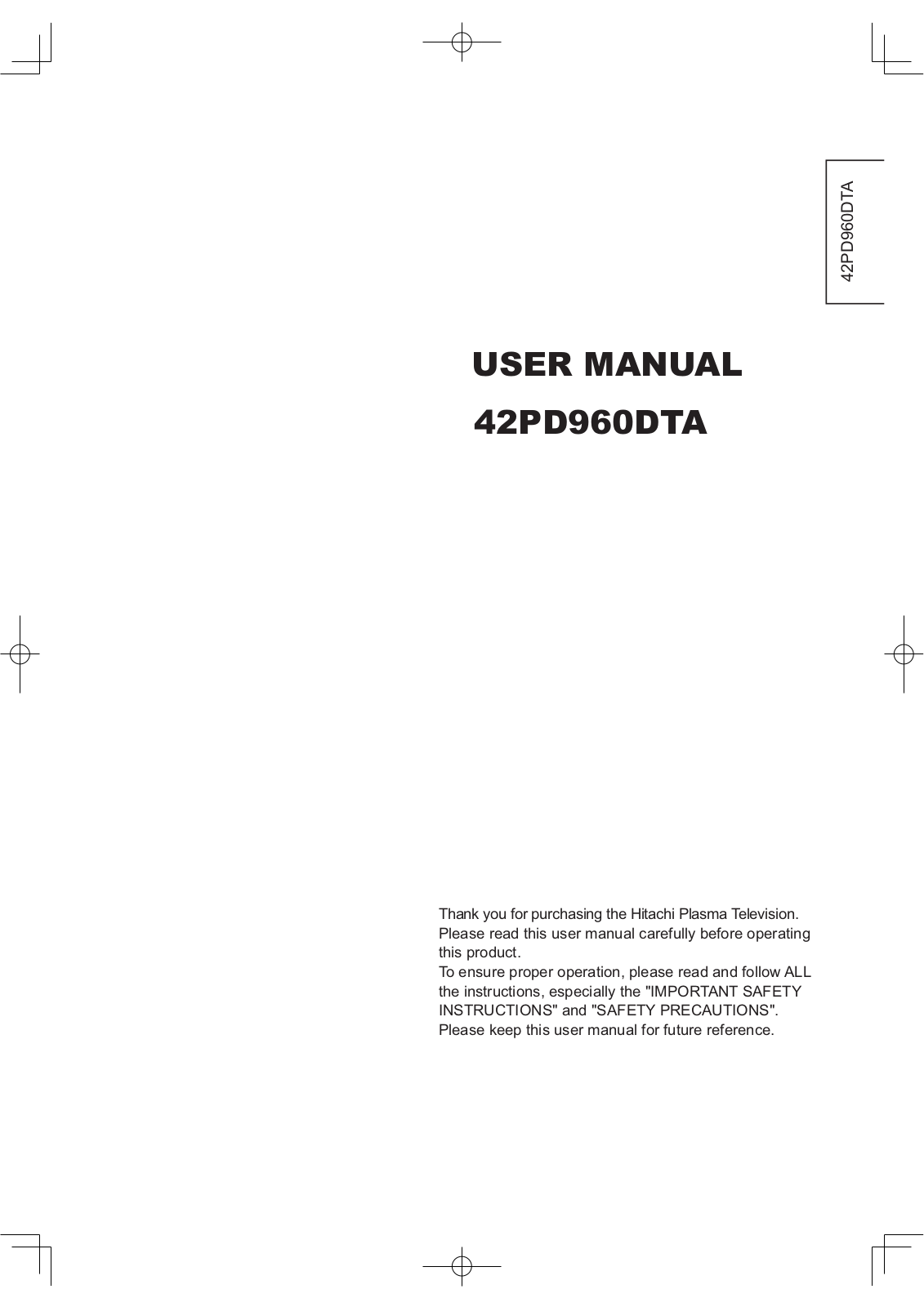 Hitachi 42PD960DTA User Manual