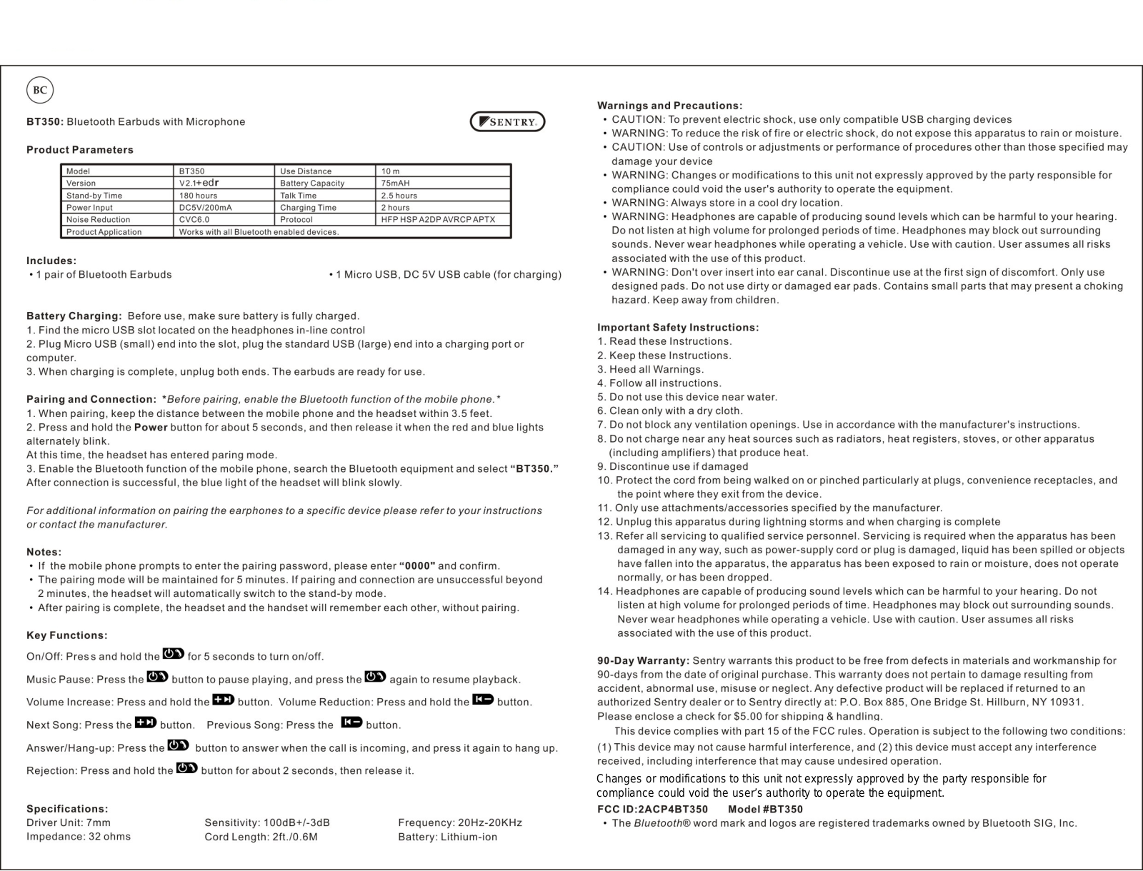 SENTRY BT350 User Manual