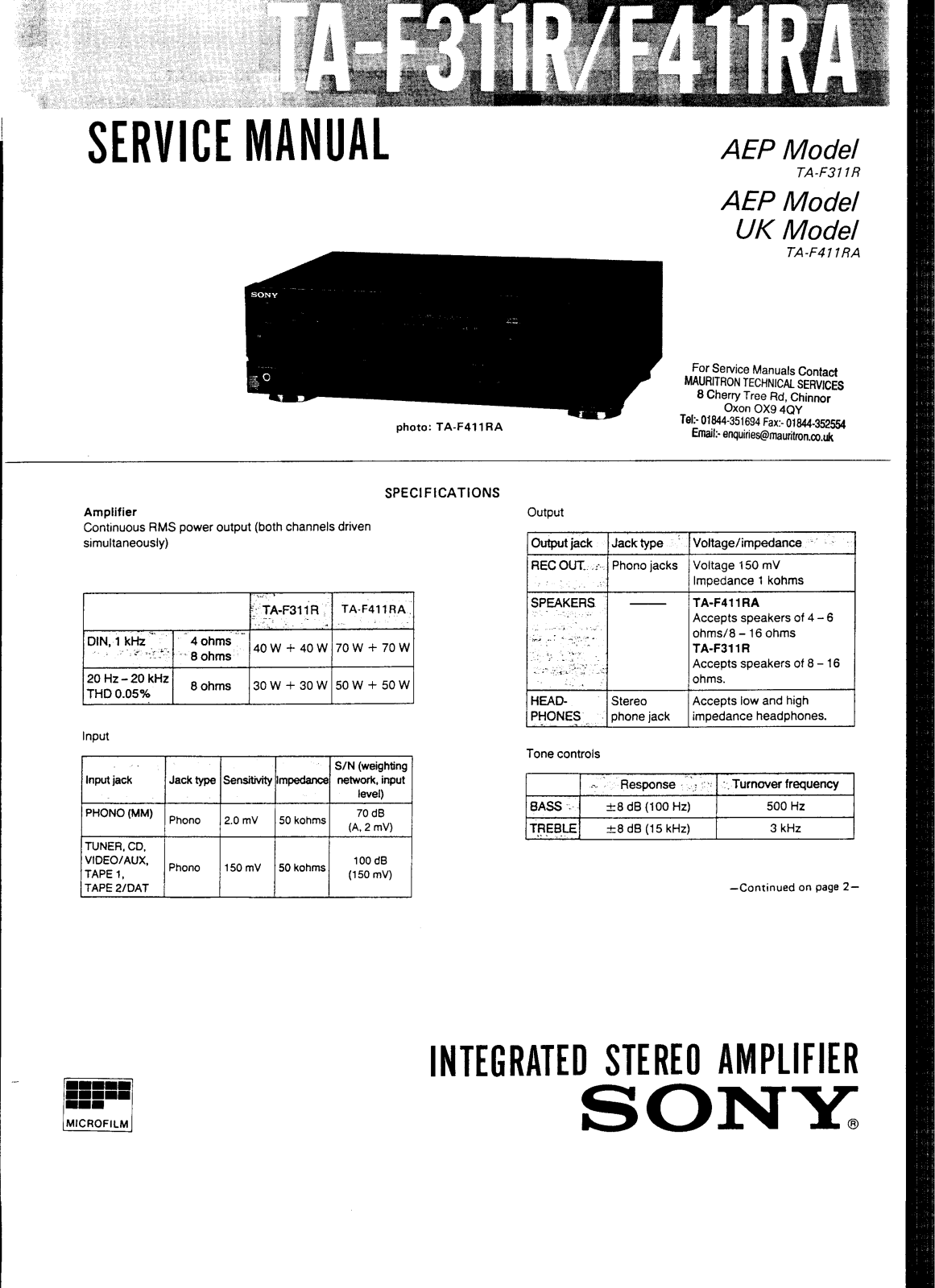 Sony TAF-311-R, TAF-411-RA Service manual