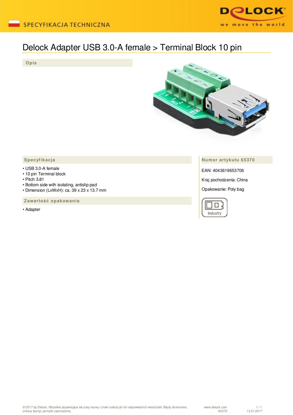 DeLOCK USB 3.0  socket  on 10-Pin-Terminalblock adapter User Manual