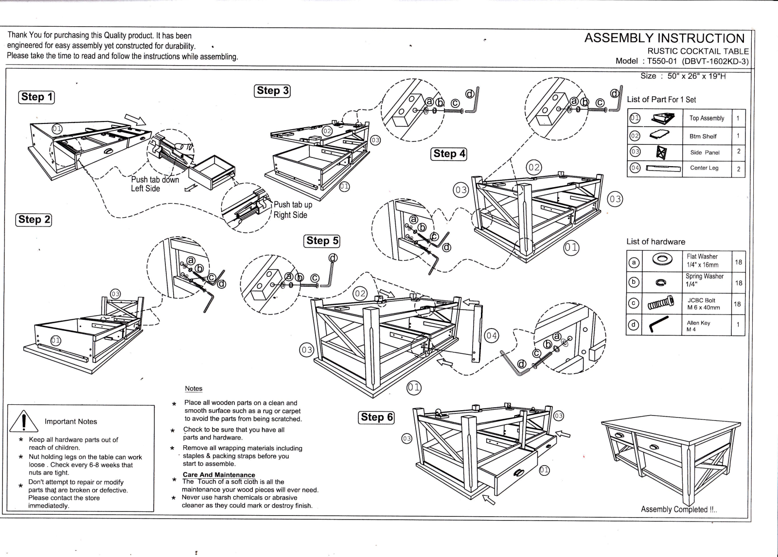 Progressive Furniture T55001 Assembly Guide