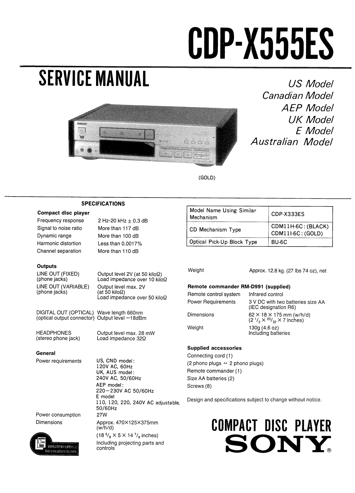 Sony CDPX-555-ES Service manual