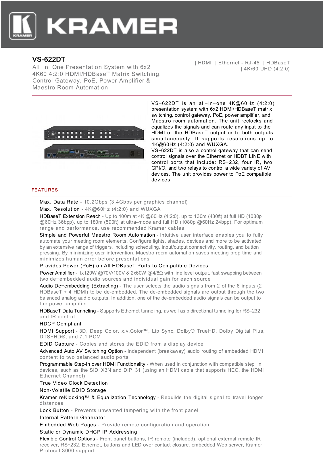 Kramer VS-622DT Datasheet