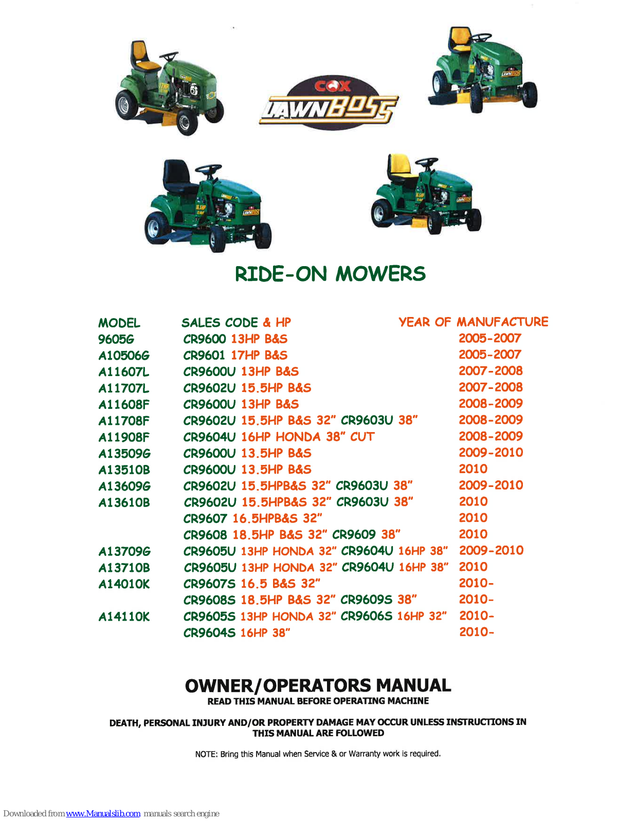 Cox LawnBoss 9605G, A10506G, A11707L, A11607L, A11608F Owner's/operator's Manual