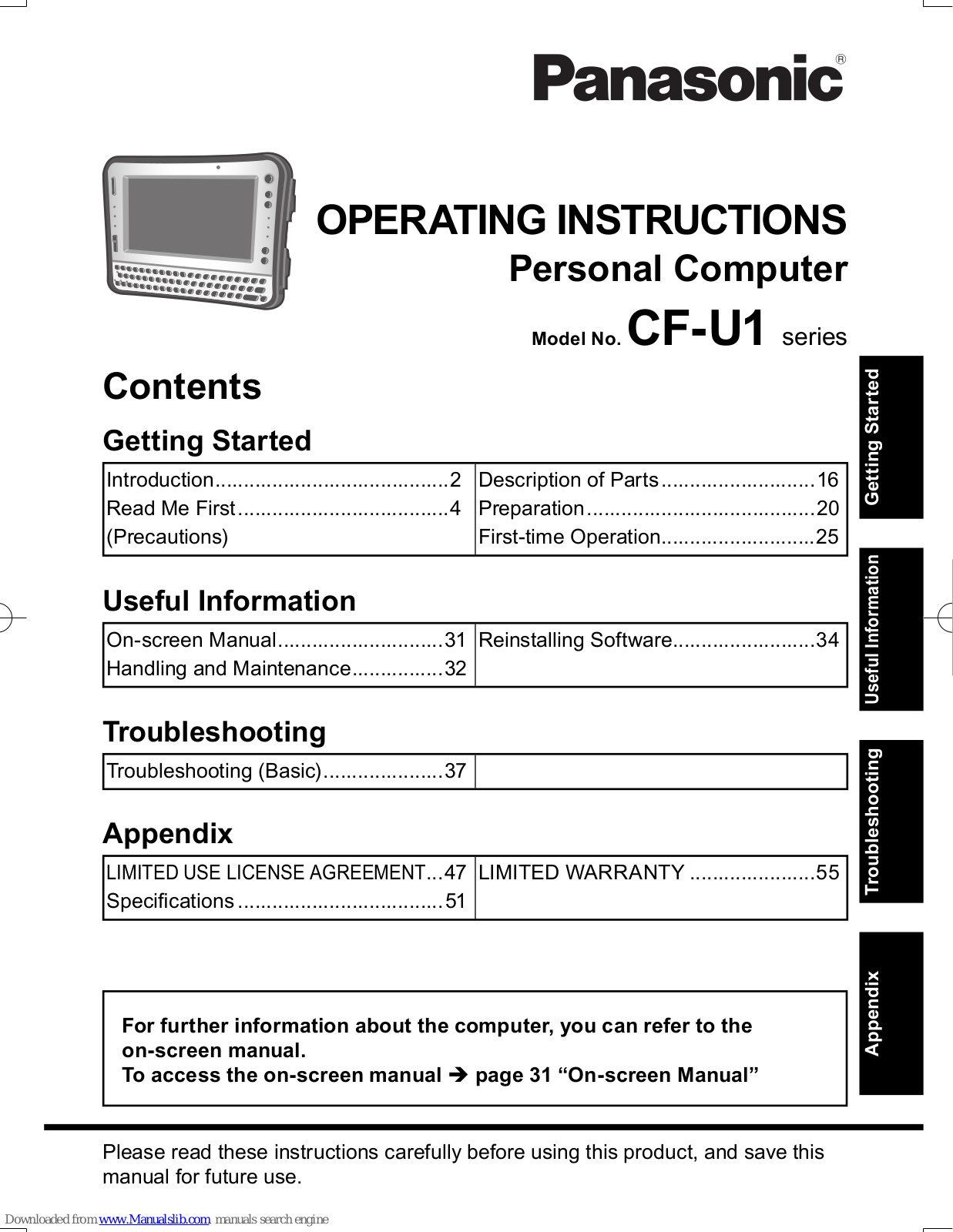 Panasonic CF-U1AQB15AM, CF-U1AQB2AAM, CF-U1AQB2CAM, CF-U1AQB2G2M, CF-U1AQB2GAM Operating Instructions Manual