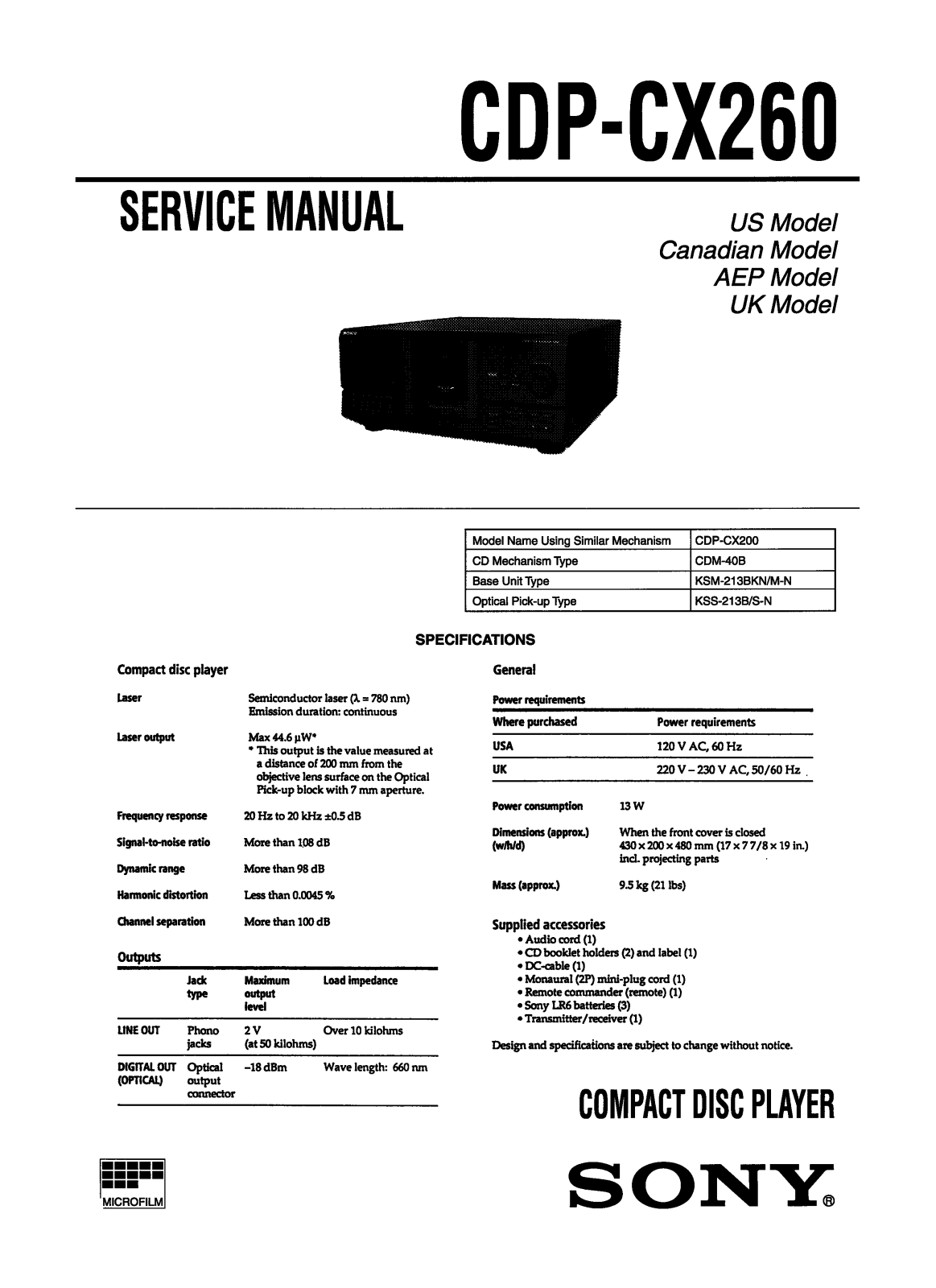 Sony CDPCX-260 Service manual