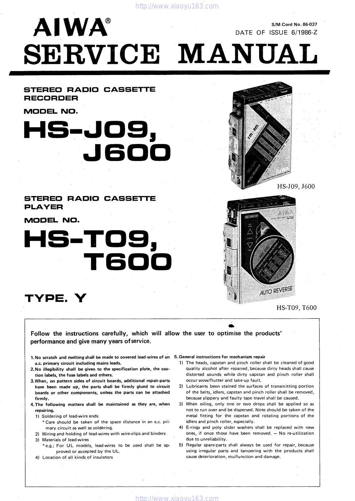 Aiwa HS-J09, HS-T09, HS-T600 Service Manual