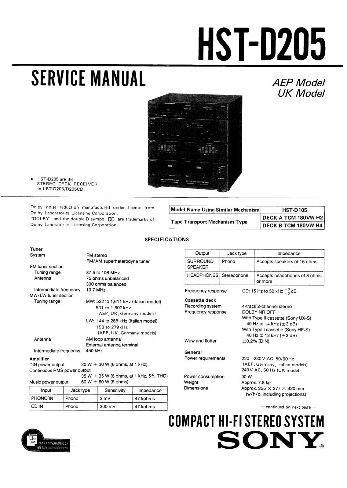 Sony HSTD-205 Service manual