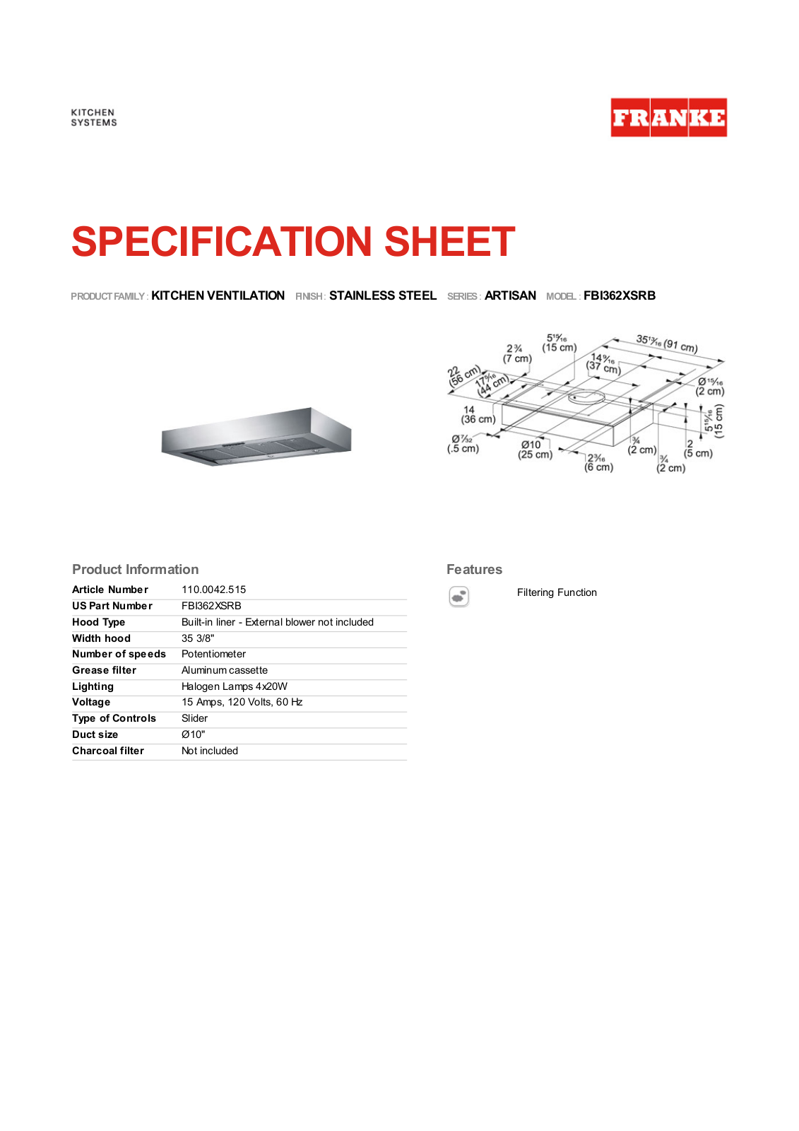 Franke Foodservice FBI362XSRB User Manual