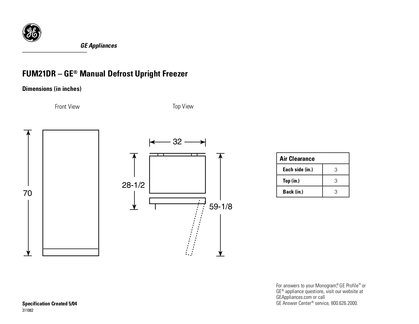 GE FUM21DR Specification