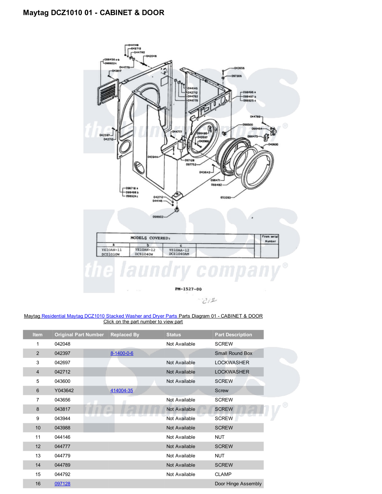 Maytag DCZ1010 Stacked and Parts Diagram