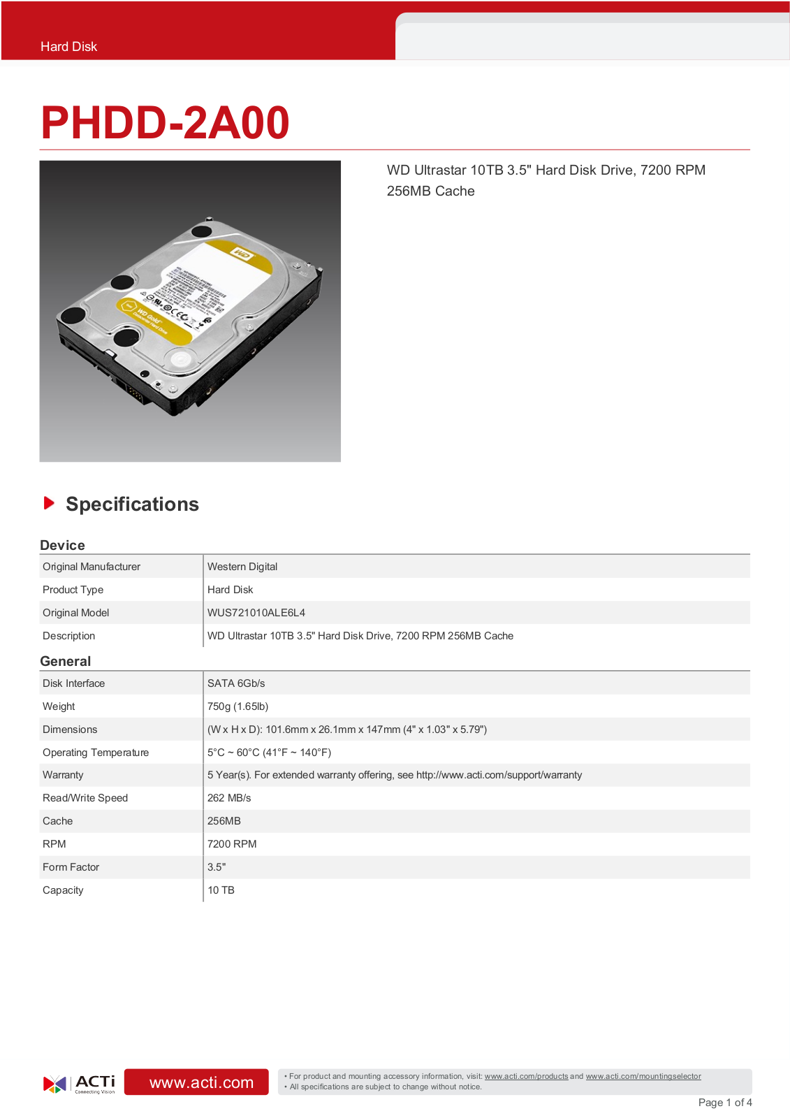 ACTi PHDD-2A00 Specsheet