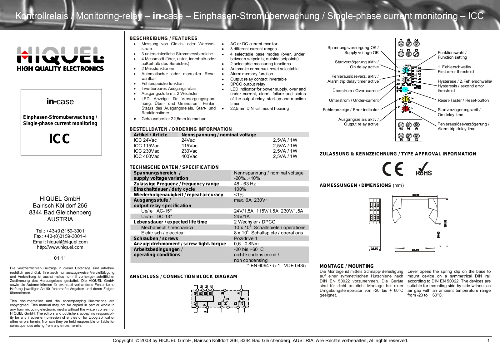 Hiquel ICC 24Vac, ICC 115Vac, ICC 230Vac, ICC 400Vac User guide