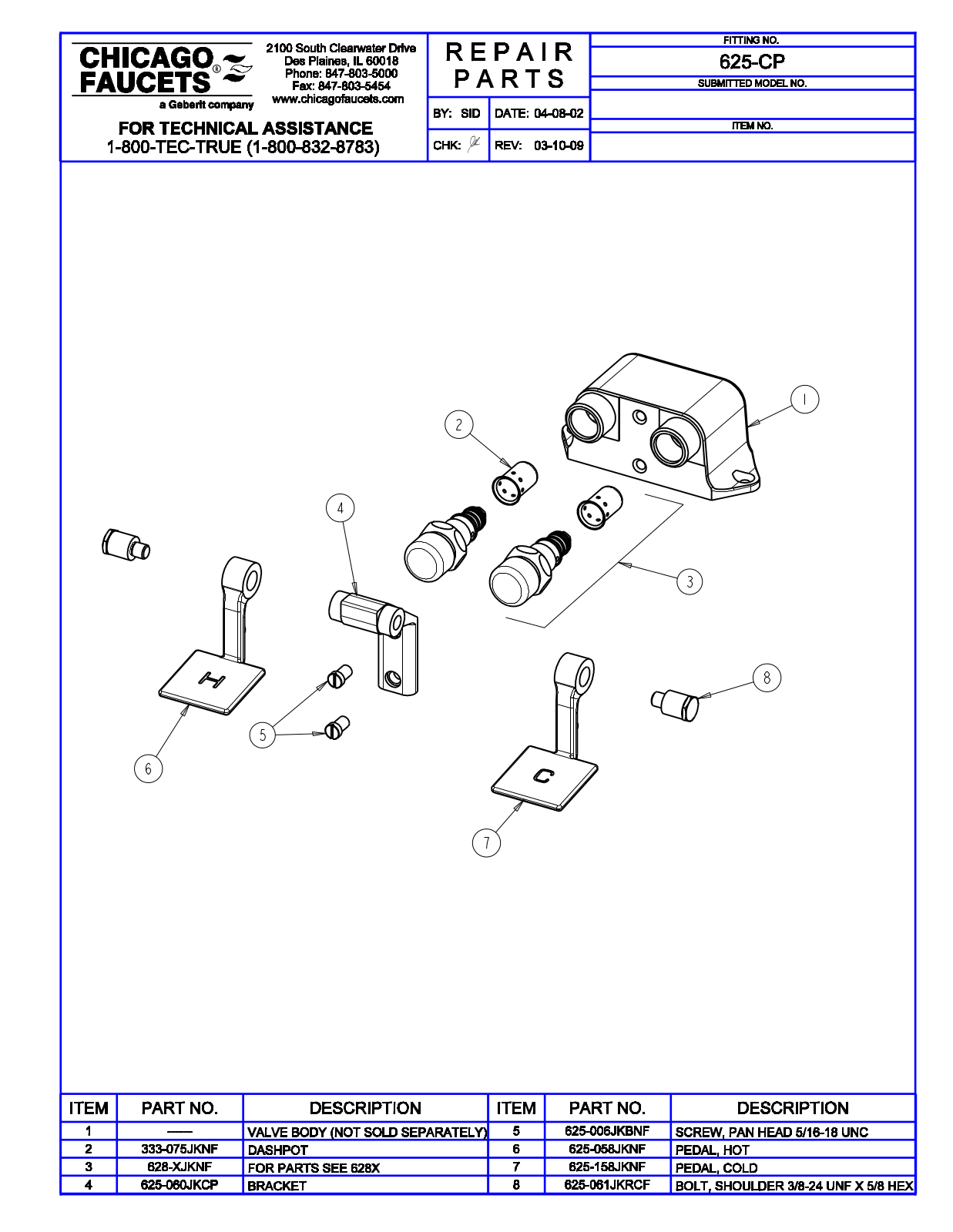 Chicago Faucet 625-CP Parts List