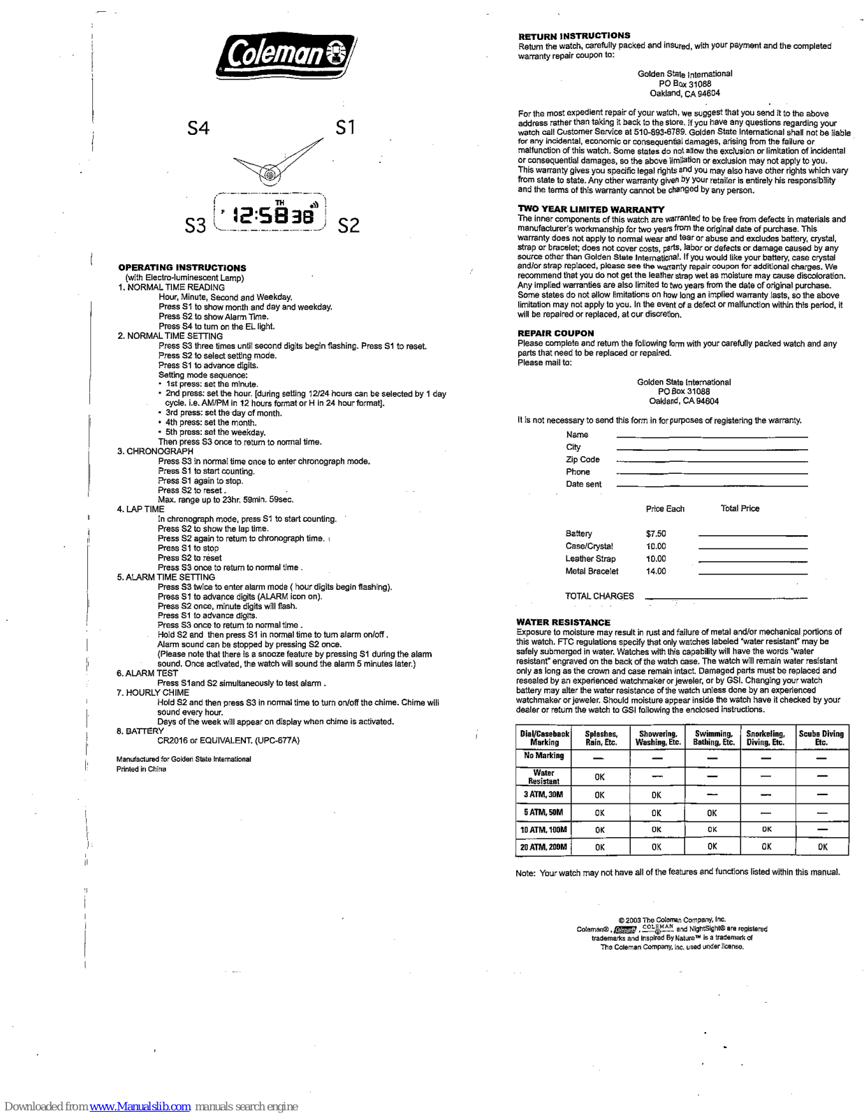 Coleman 40-114 Operating Instructions Manual