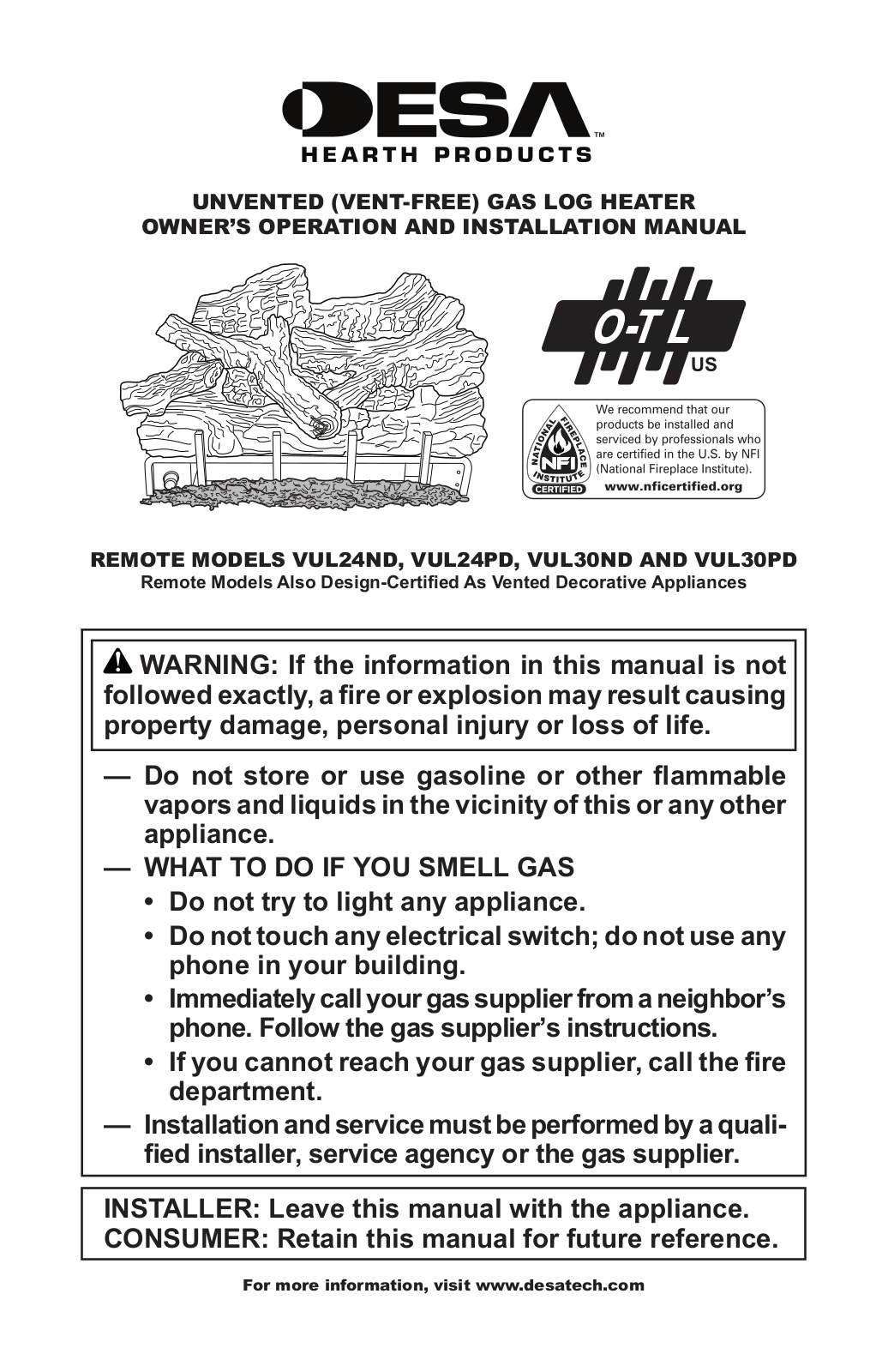 Desa VUL24ND, VUL24PD, VUL30ND, VUL30PD Owner's Operation And Installation Manual