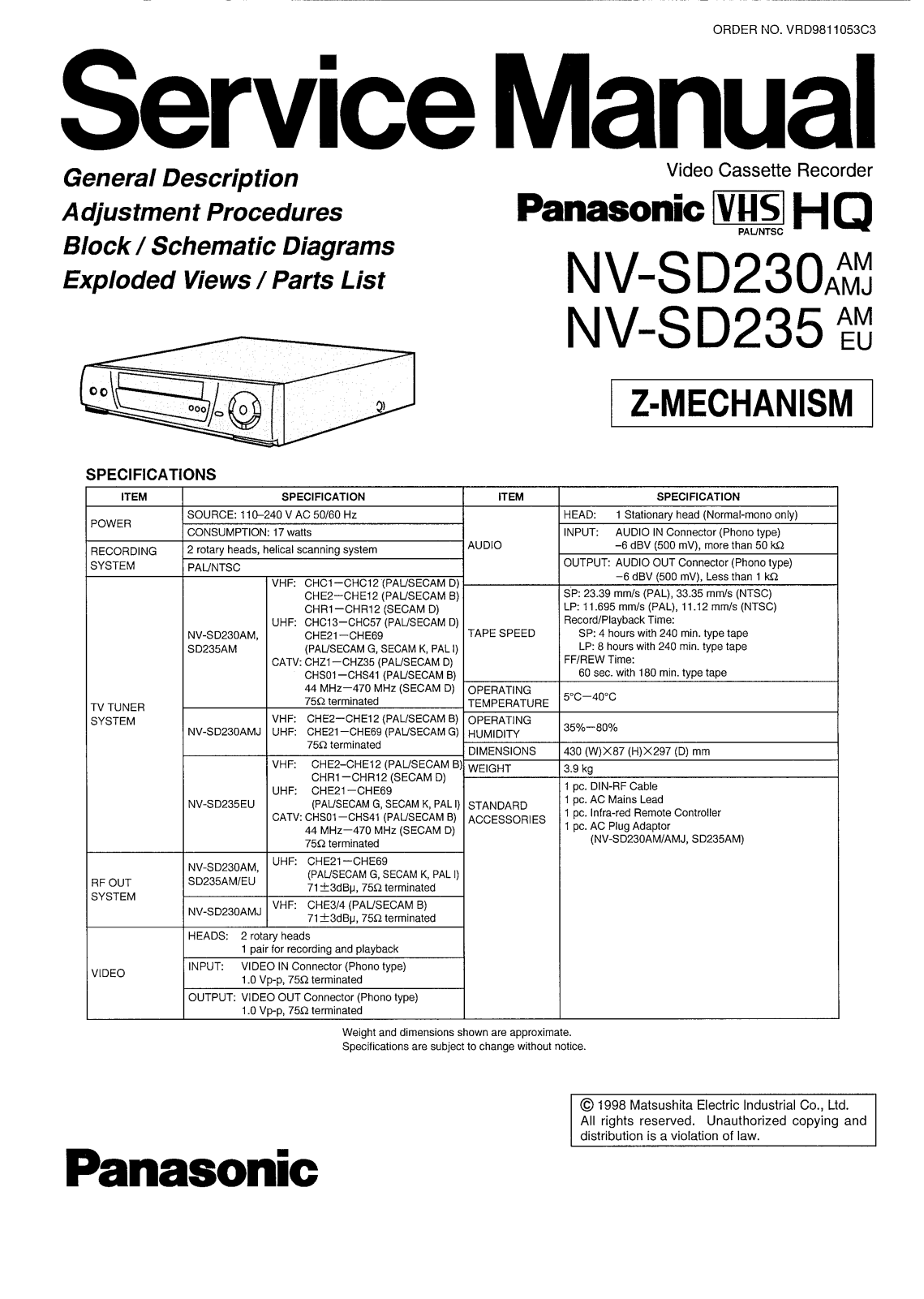 PANASONIC NV-SD230, NV-SD235 Service Manual