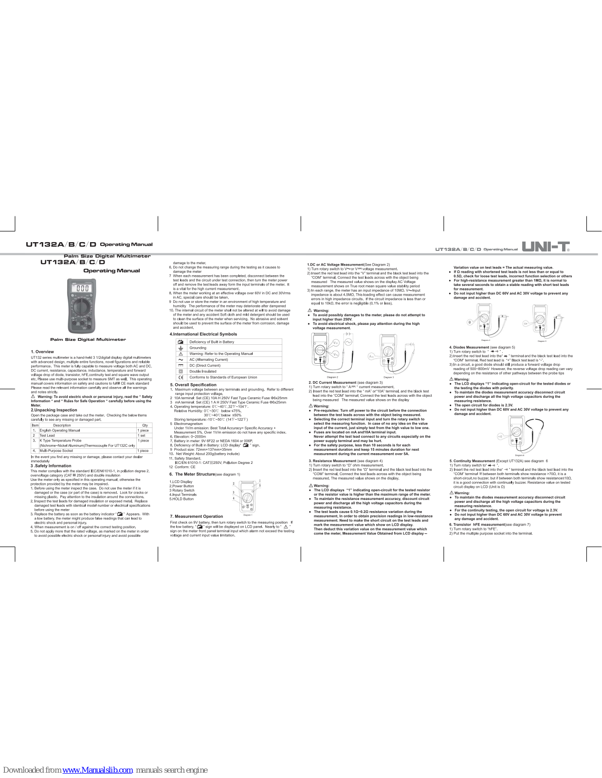 UNI-T UT132B, UT132D, UT132C Operating Instructions Manual