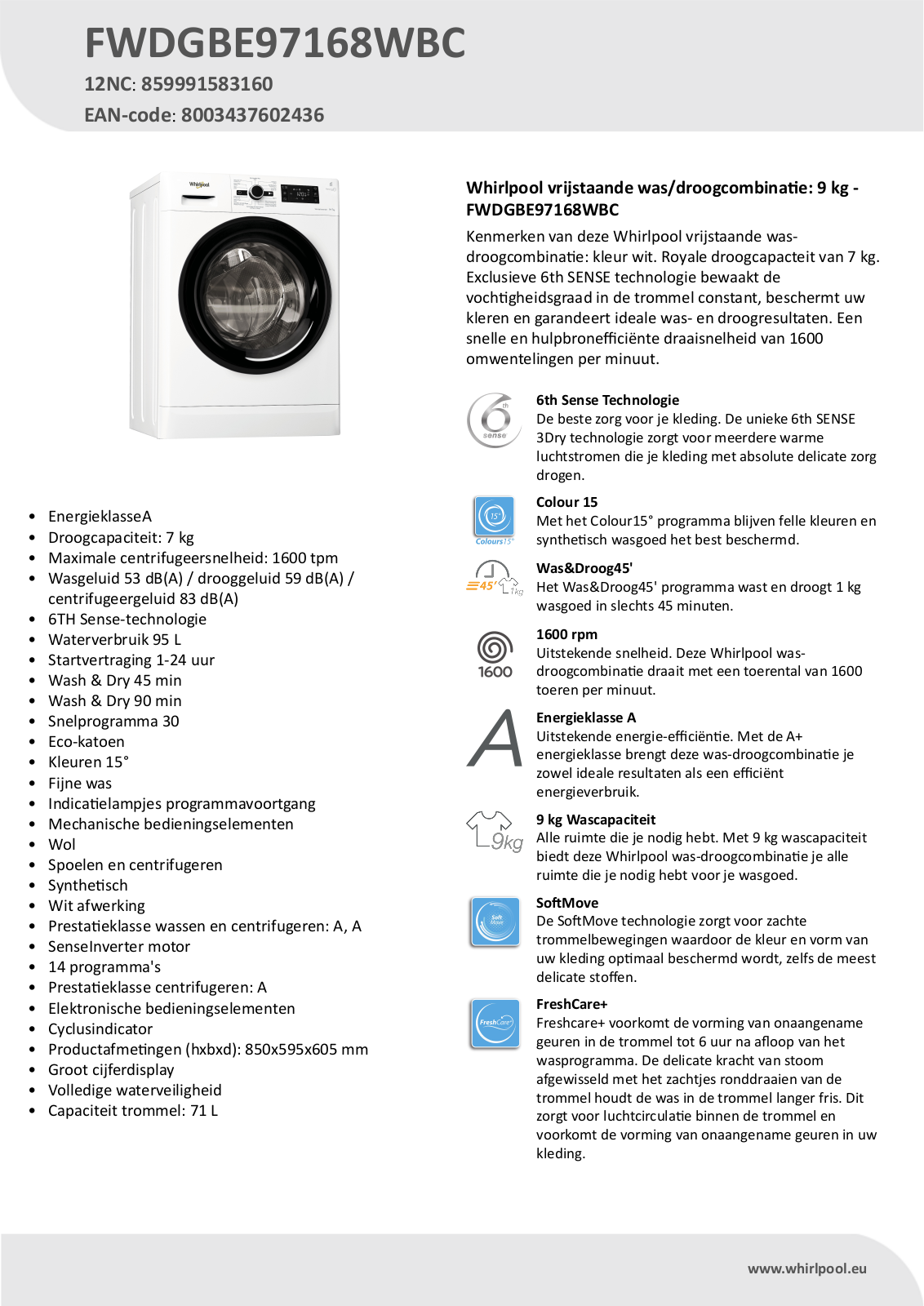 WHIRLPOOL FWDGBE97168WBC User Manual