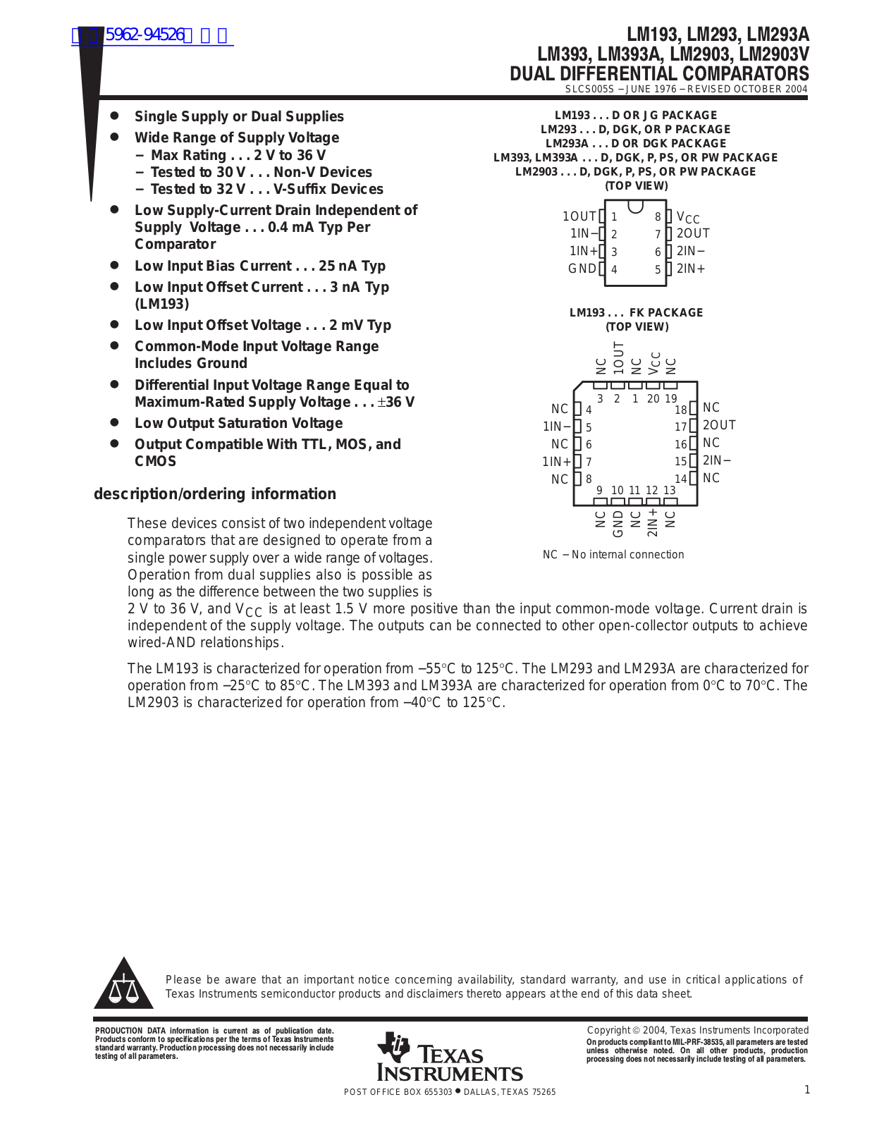 TEXAS INSTRUMENTS LM293, LM293A, LM393, LM393A, LM2903 Technical data